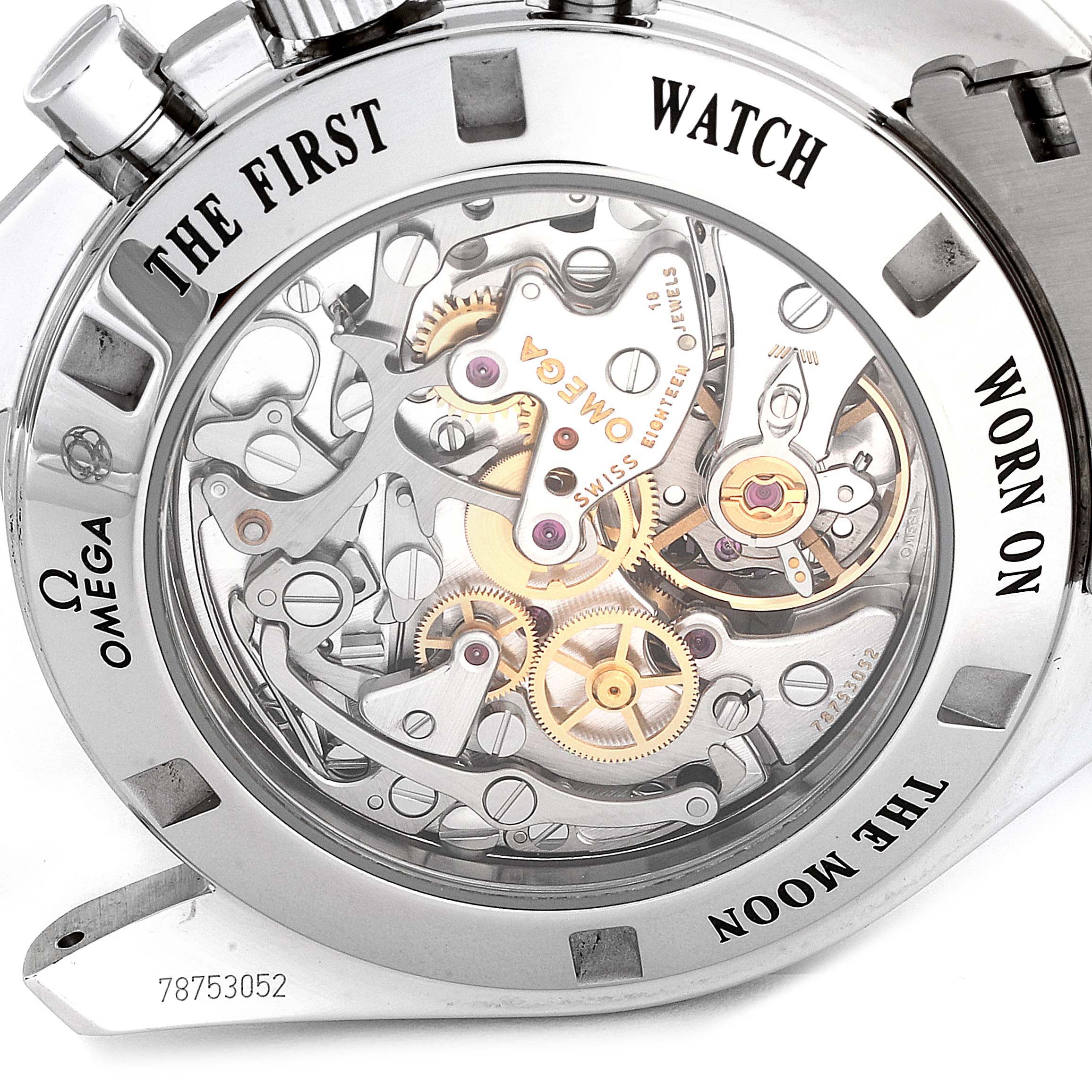 This image shows the back view of the Omega Speedmaster 311.30.42.30.01.006 Men
s Stainless Steel Black Dial 311.30.42.30.01.006 Men
s Stainless Steel Black Dial watch, highlighting its intricate movement and inscriptions.