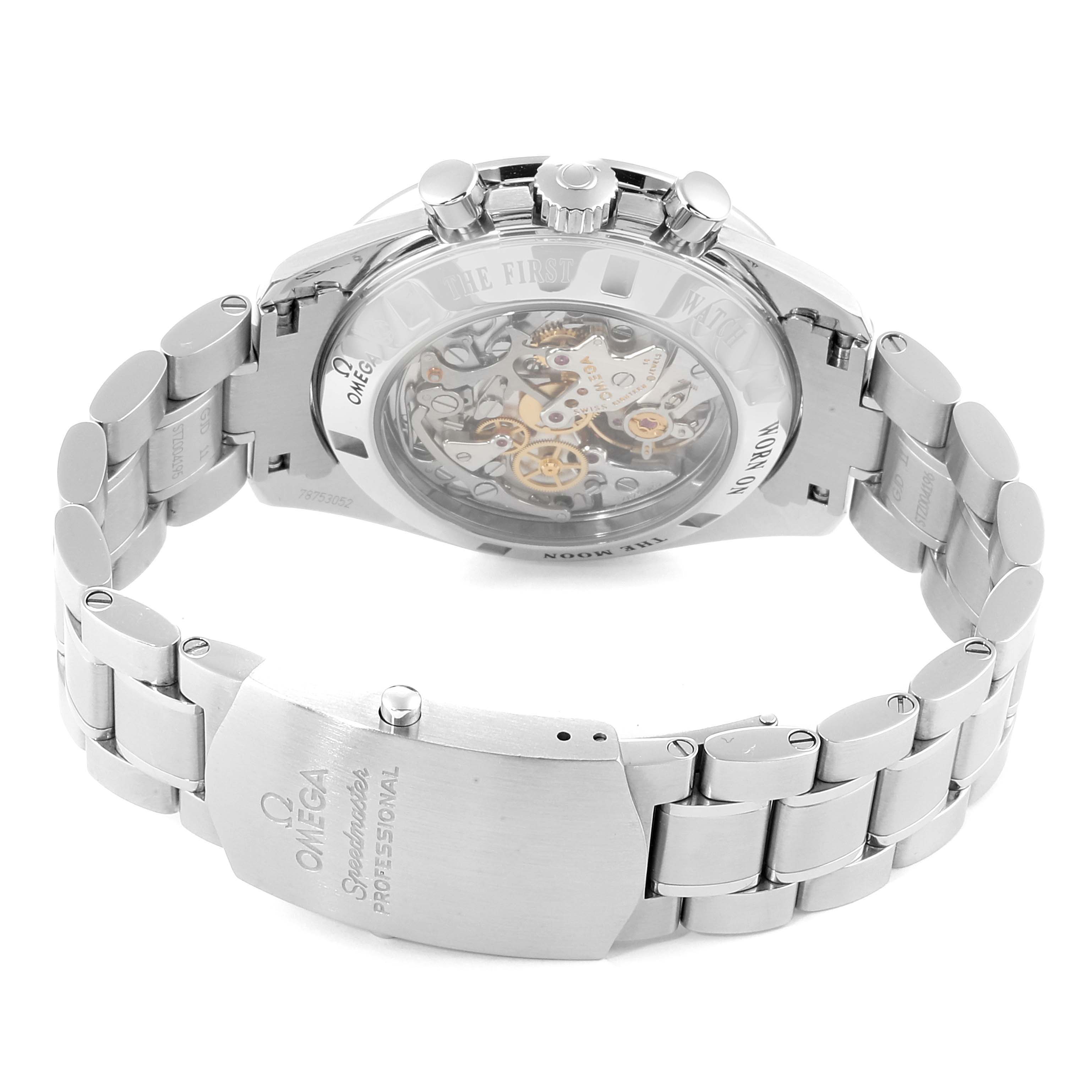 The image shows the back view of the Omega Speedmaster 311.30.42.30.01.006 Men
s Stainless Steel Black Dial 311.30.42.30.01.006 Men
s Stainless Steel Black Dial watch with a visible movement and stainless steel bracelet.