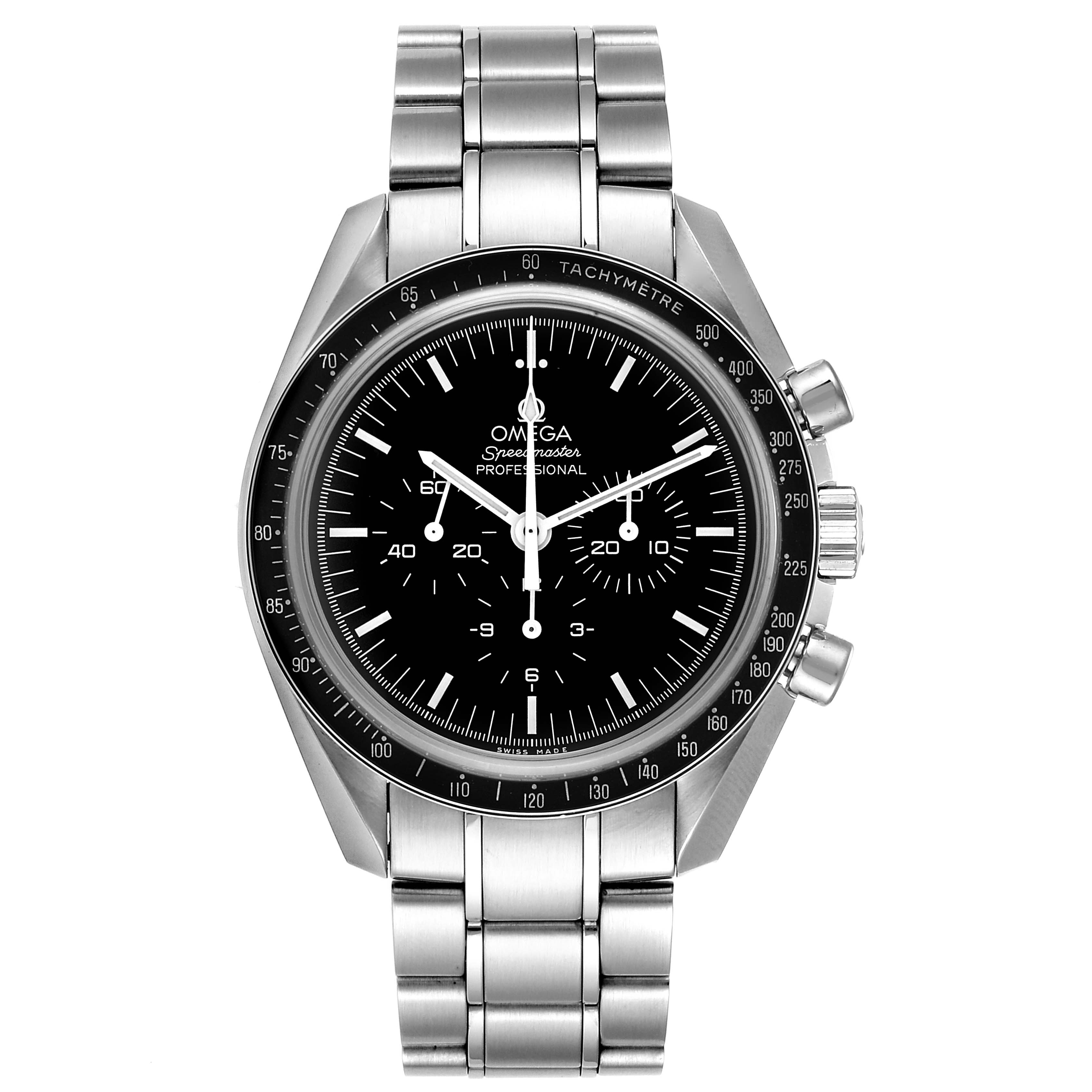 The image shows a front view of the Omega Speedmaster 311.30.42.30.01.006 Men
s Stainless Steel Black Dial 311.30.42.30.01.006 Men
s Stainless Steel Black Dial
s face, bezel, and stainless steel bracelet.