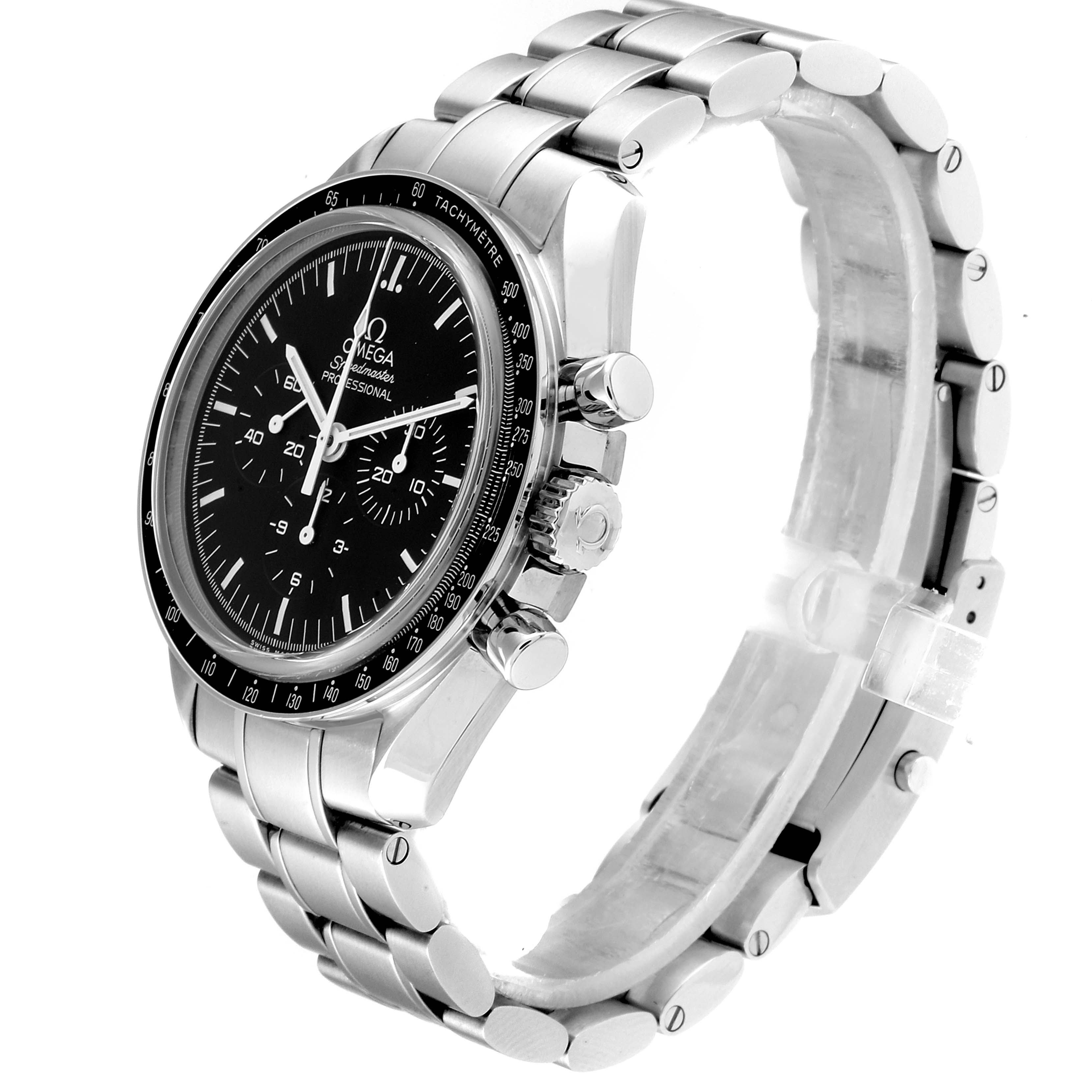 The watch is an Omega Speedmaster 311.30.42.30.01.006 Men
s Stainless Steel Black Dial 311.30.42.30.01.006 Men
s Stainless Steel Black Dial, shown from a three-quarter angle, highlighting the dial, bezel, and bracelet.