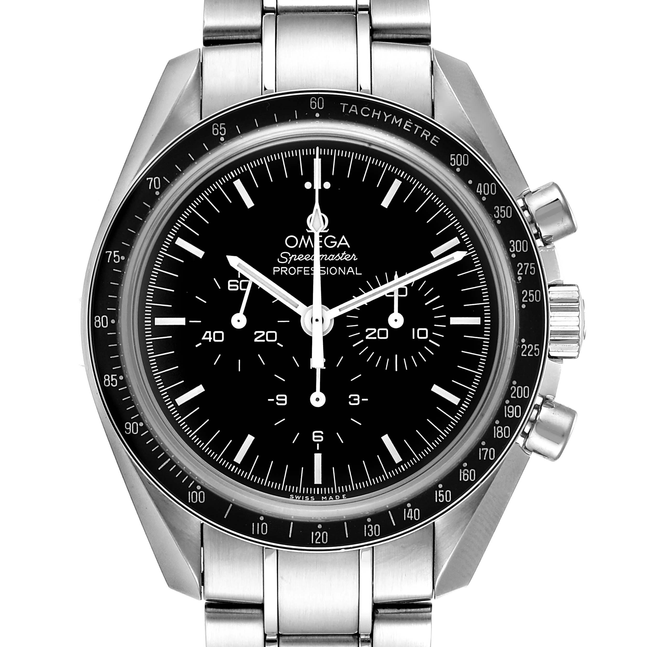 The image shows a front view of an Omega Speedmaster 311.30.42.30.01.006 Men
s Stainless Steel Black Dial 311.30.42.30.01.006 Men
s Stainless Steel Black Dial watch, highlighting the face, tachymeter bezel, and pushers.