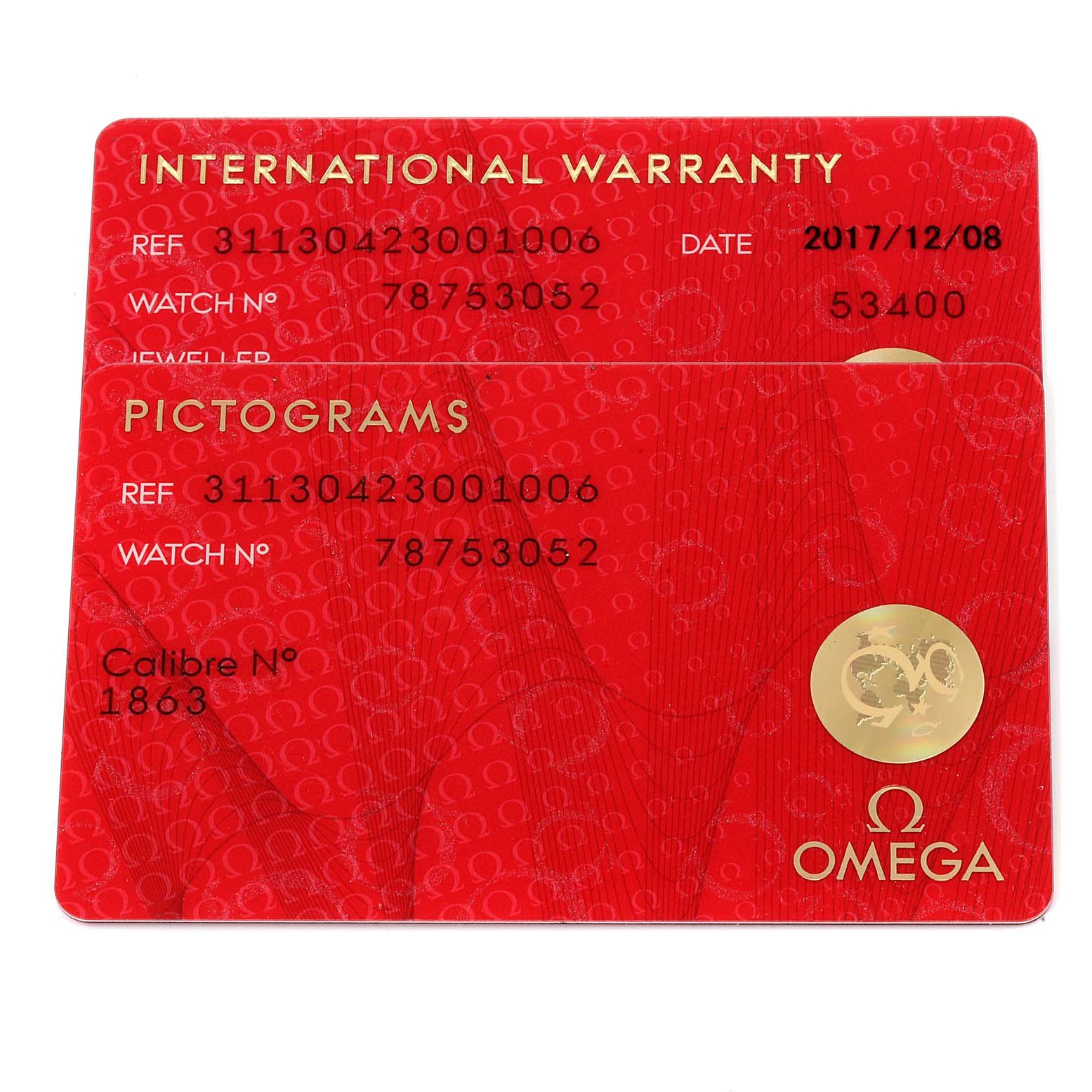 The image shows the warranty and pictogram cards for the Omega Speedmaster 311.30.42.30.01.006 Men
s Stainless Steel Black Dial 311.30.42.30.01.006 Men
s Stainless Steel Black Dial model.