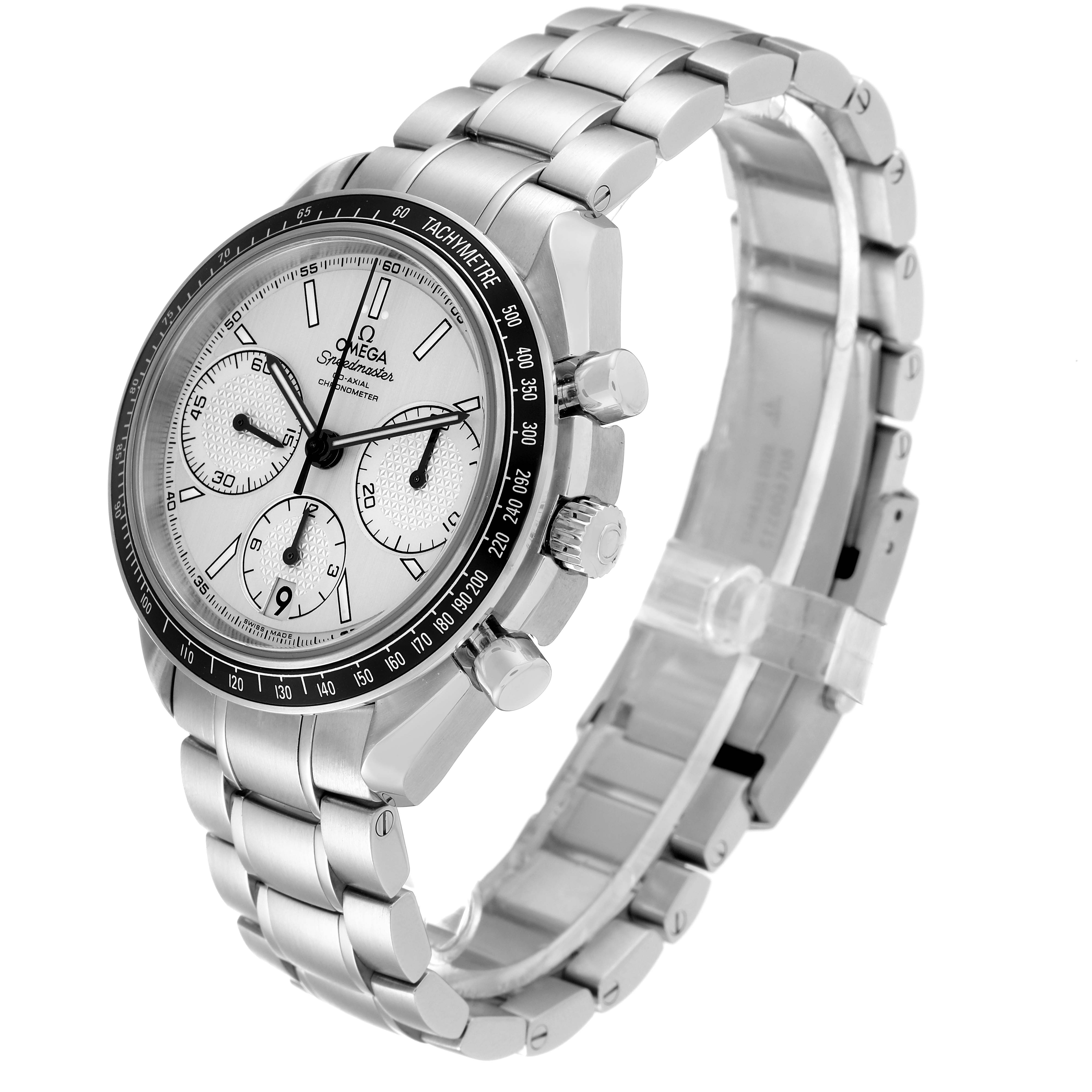 This image shows an Omega Speedmaster 326.30.40.50.02.001 Men's Stainless Steel Silver Dial 326.30.40.50.02.001 Men's Stainless Steel Silver Dial watch at a front angle, highlighting its face, bezel, and metal bracelet.