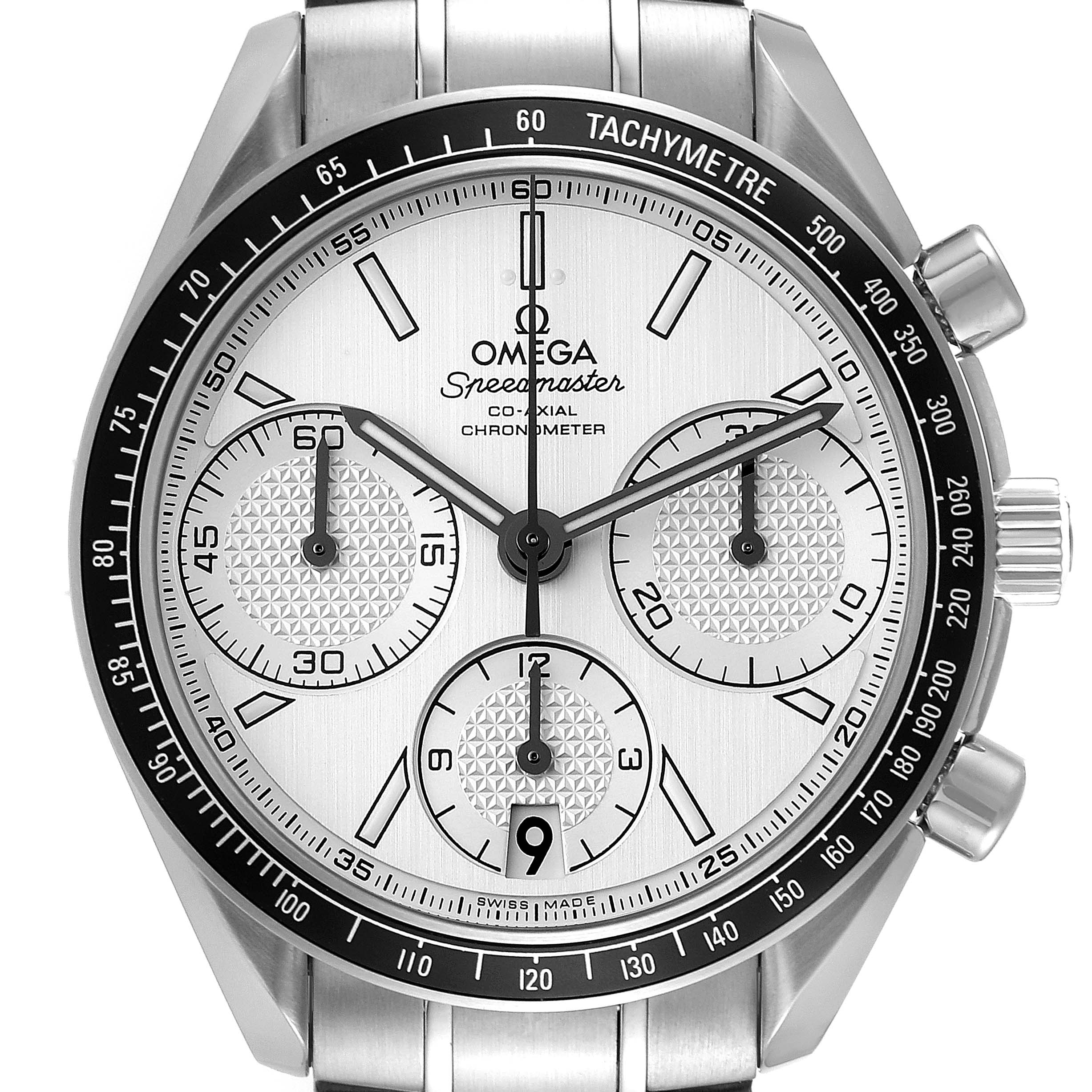 The image shows a front view of an Omega Speedmaster 326.30.40.50.02.001 Men's Stainless Steel Silver Dial 326.30.40.50.02.001 Men's Stainless Steel Silver Dial watch, highlighting its dial, subdials, tachymeter bezel, and chronometer features.