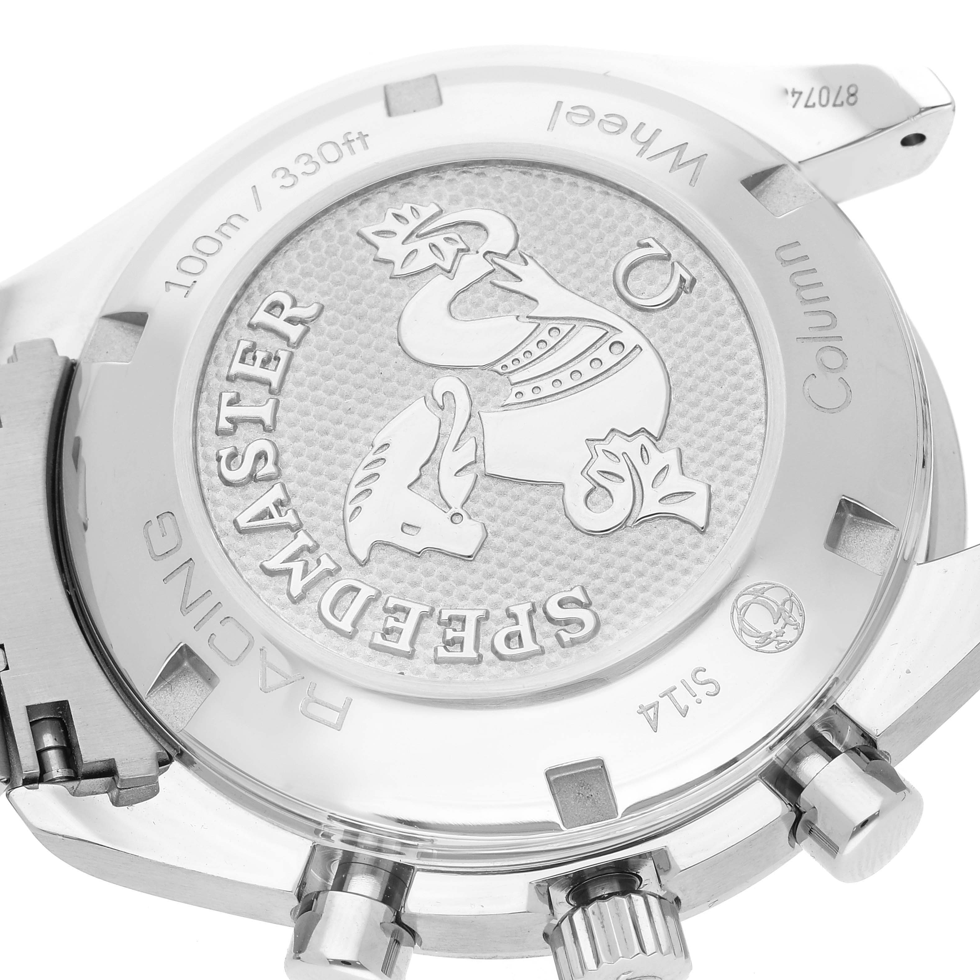 This image shows the case back of the Omega Speedmaster 326.30.40.50.02.001 Men's Stainless Steel Silver Dial 326.30.40.50.02.001 Men's Stainless Steel Silver Dial watch, highlighting the engraved logo and surrounding text.