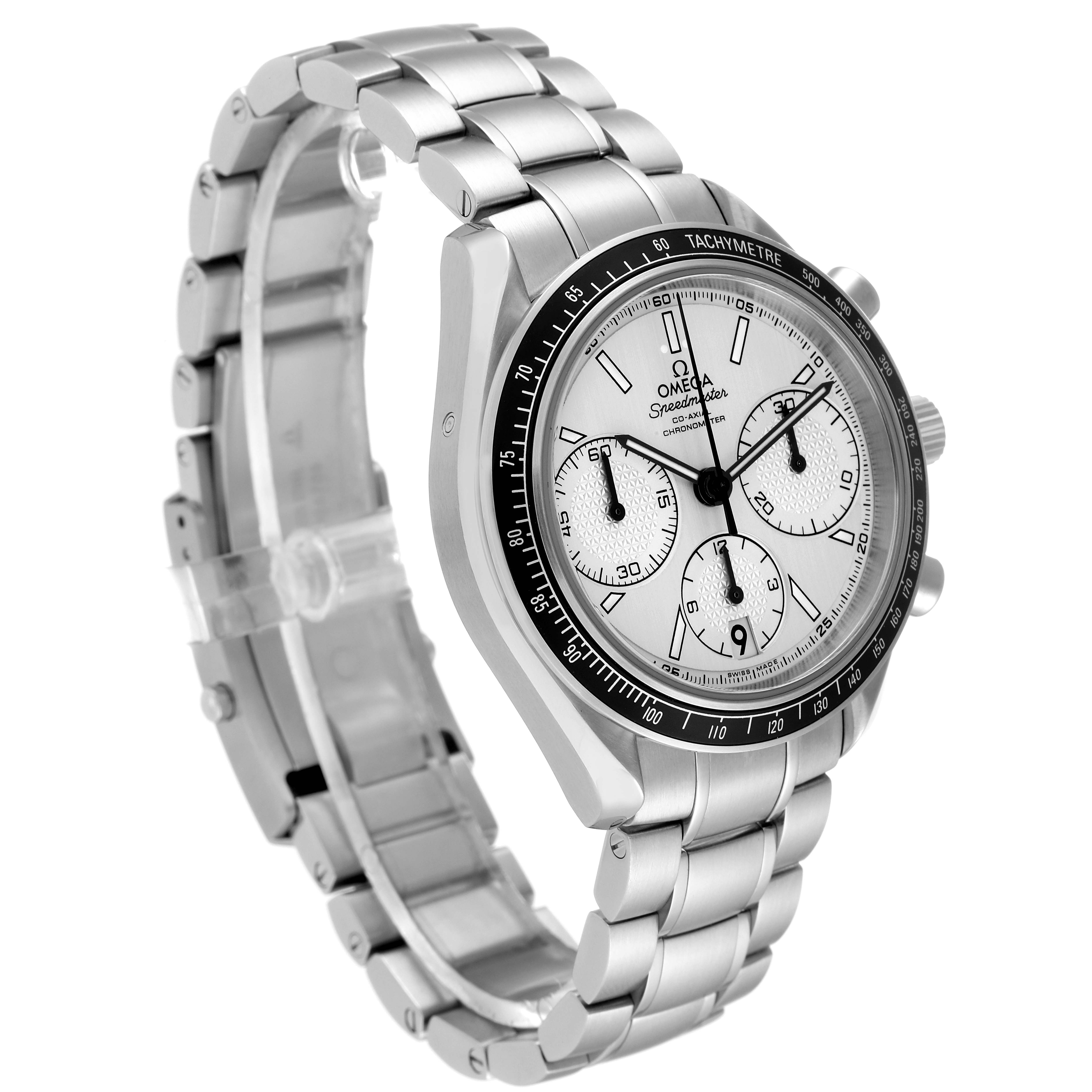 The image shows an Omega Speedmaster 326.30.40.50.02.001 Men's Stainless Steel Silver Dial 326.30.40.50.02.001 Men's Stainless Steel Silver Dial watch angled to display the case, bracelet, dial, and tachymeter bezel.