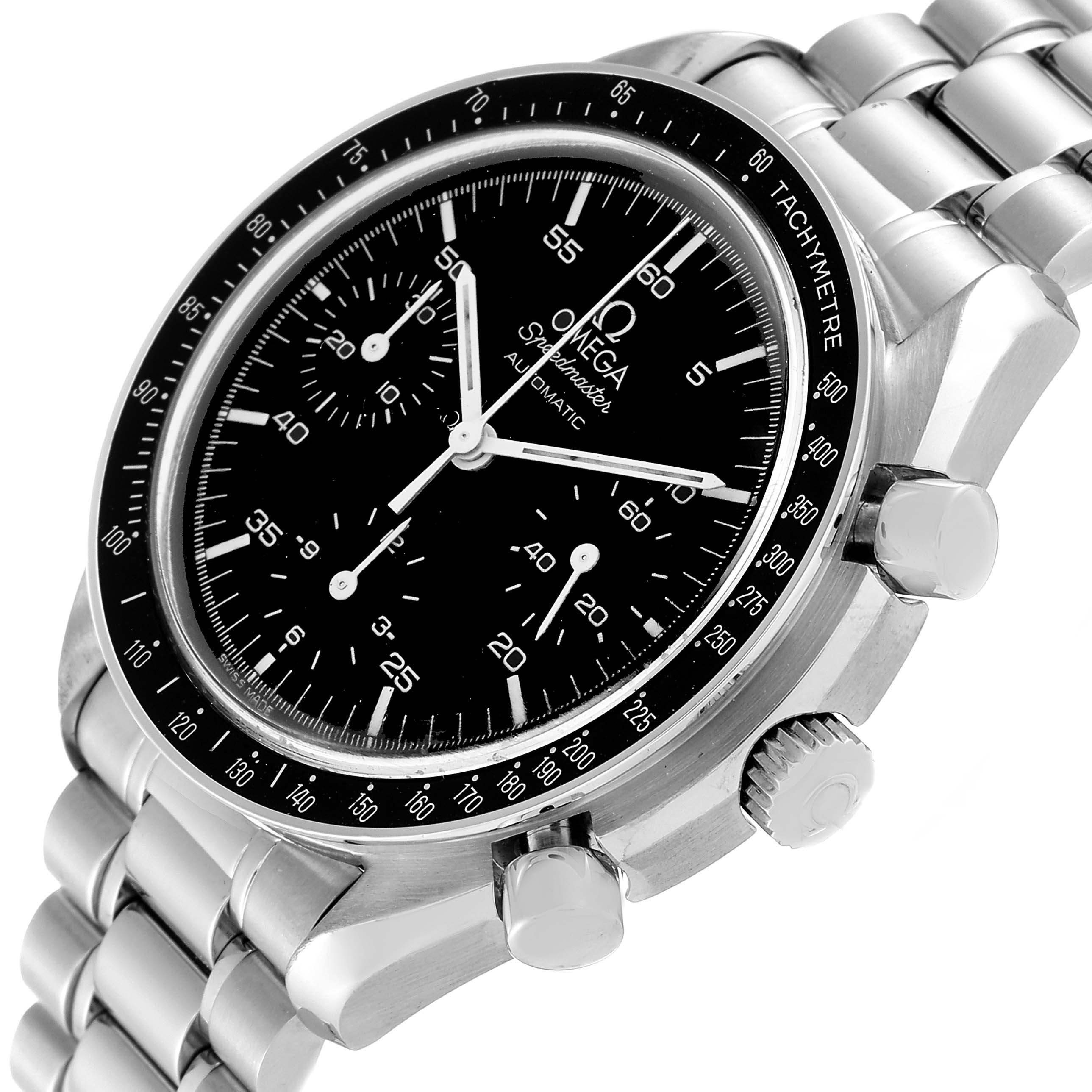 The image shows a close-up angle of the Omega Speedmaster 3510.50.00 Men
s Stainless Steel Black Dial 3510.50.00 Men
s Stainless Steel Black Dial watch, focusing on its face, bezel, and side buttons.