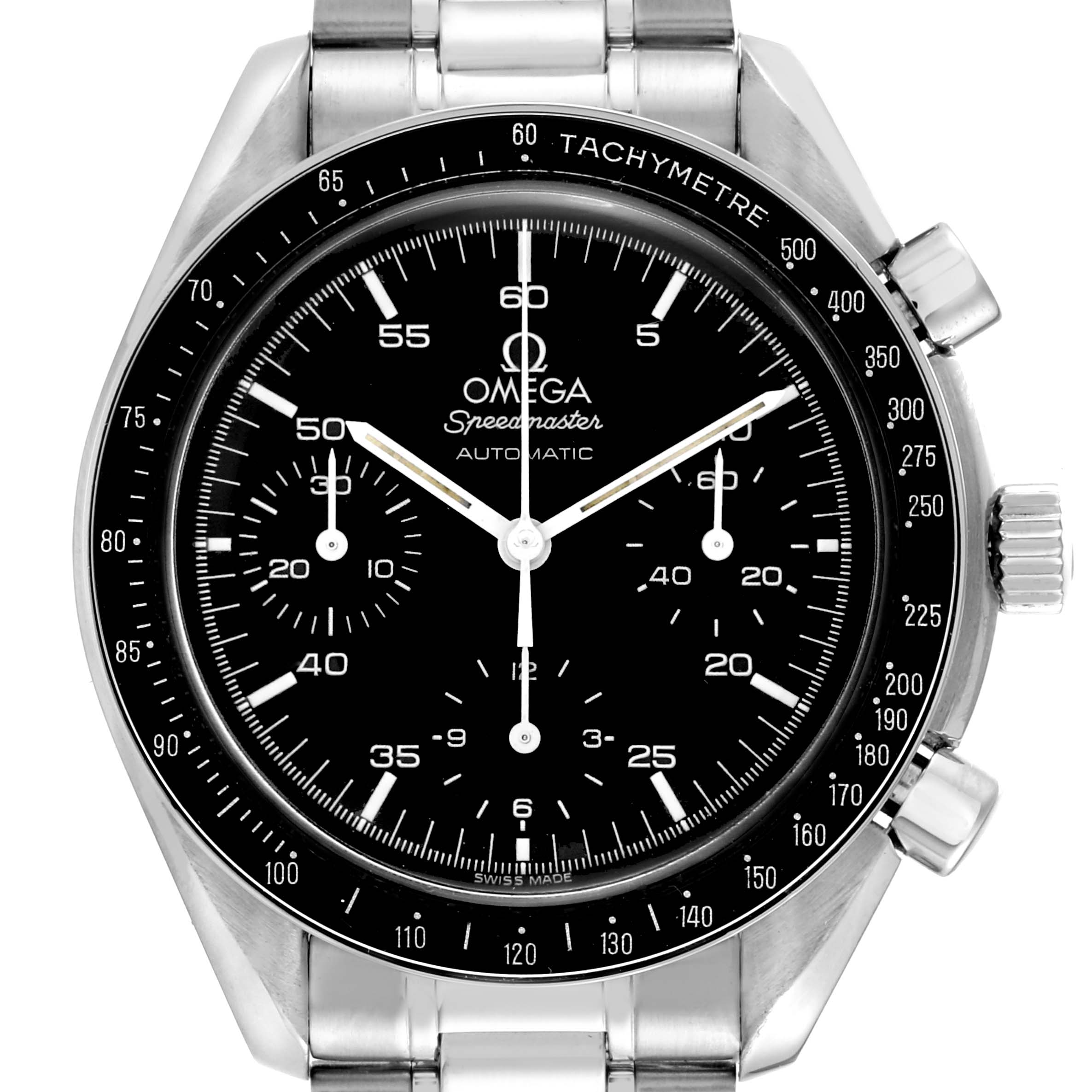 This image shows a front view of the Omega Speedmaster 3510.50.00 Men
s Stainless Steel Black Dial 3510.50.00 Men
s Stainless Steel Black Dial watch, displaying the dial, tachymeter, and chronograph subdials.