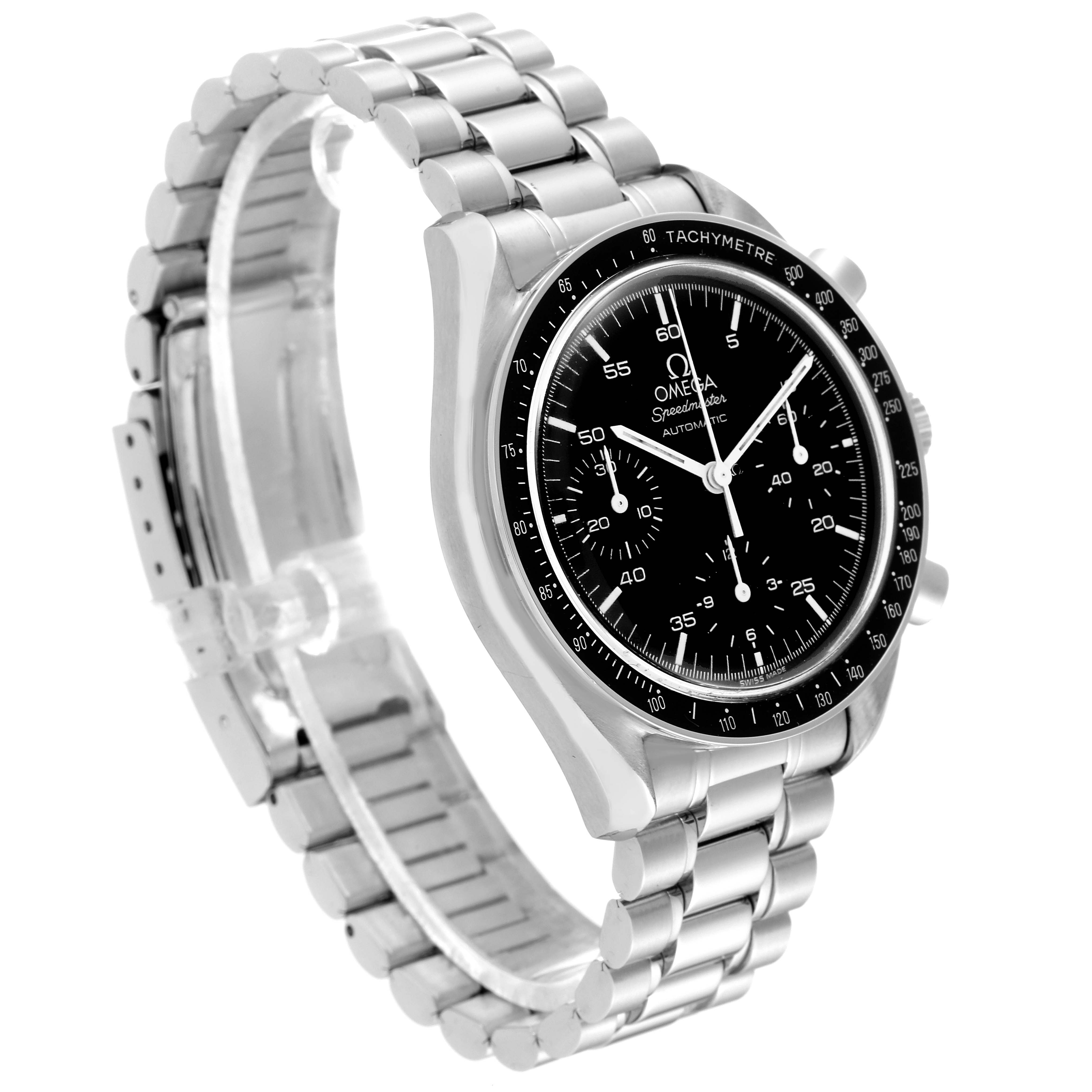 The image shows an Omega Speedmaster 3510.50.00 Men
s Stainless Steel Black Dial 3510.50.00 Men
s Stainless Steel Black Dial watch from a front angle, showcasing its black dial, tachymeter bezel, and stainless steel bracelet.