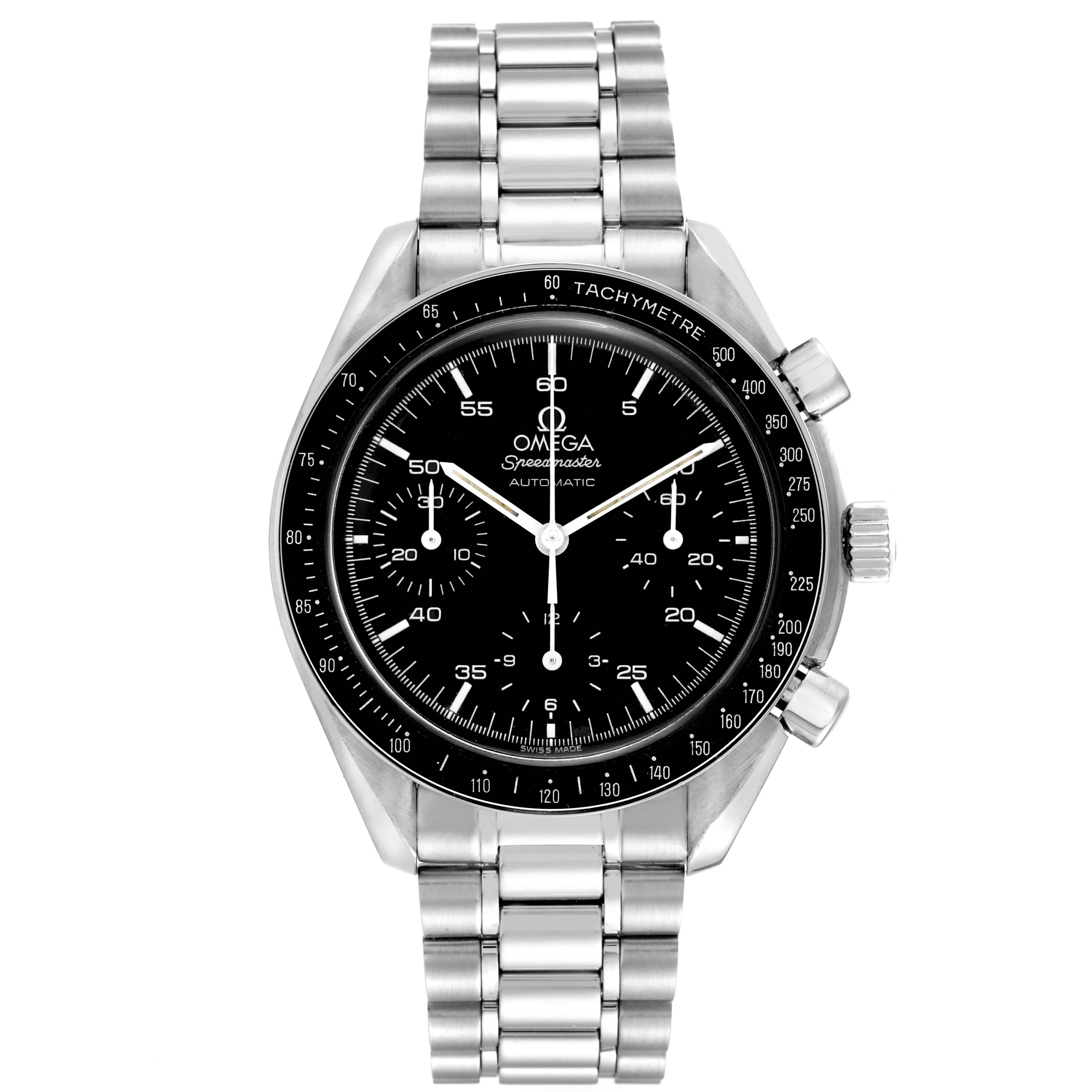 The image shows a front view of the Omega Speedmaster 3510.50.00 Men
s Stainless Steel Black Dial 3510.50.00 Men
s Stainless Steel Black Dial watch, showcasing its stainless steel bracelet and black dial with chronograph features.