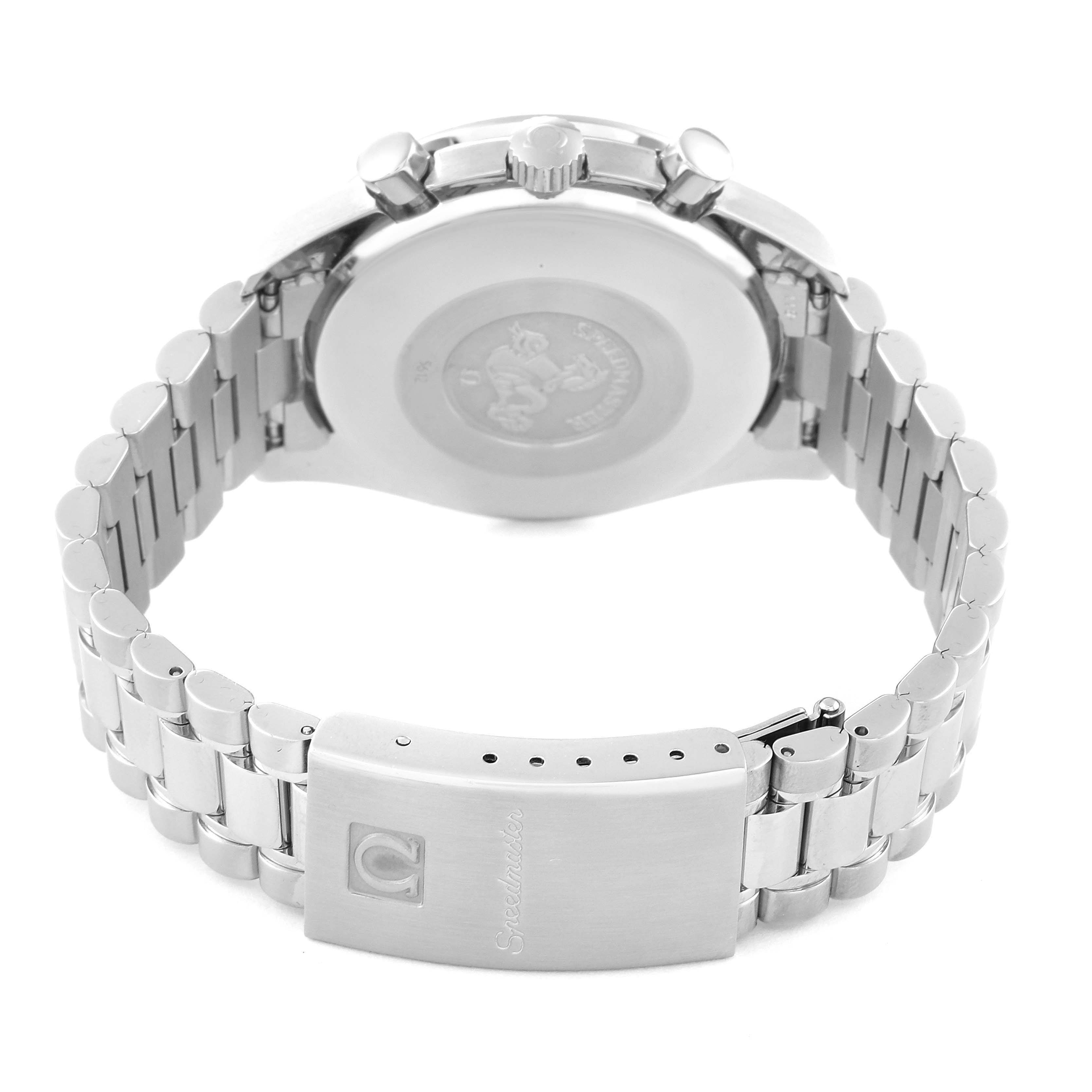 This image shows the back side and clasp of an Omega Speedmaster 3510.50.00 Men
s Stainless Steel Black Dial 3510.50.00 Men
s Stainless Steel Black Dial watch, highlighting the bracelet, case back, and crown.