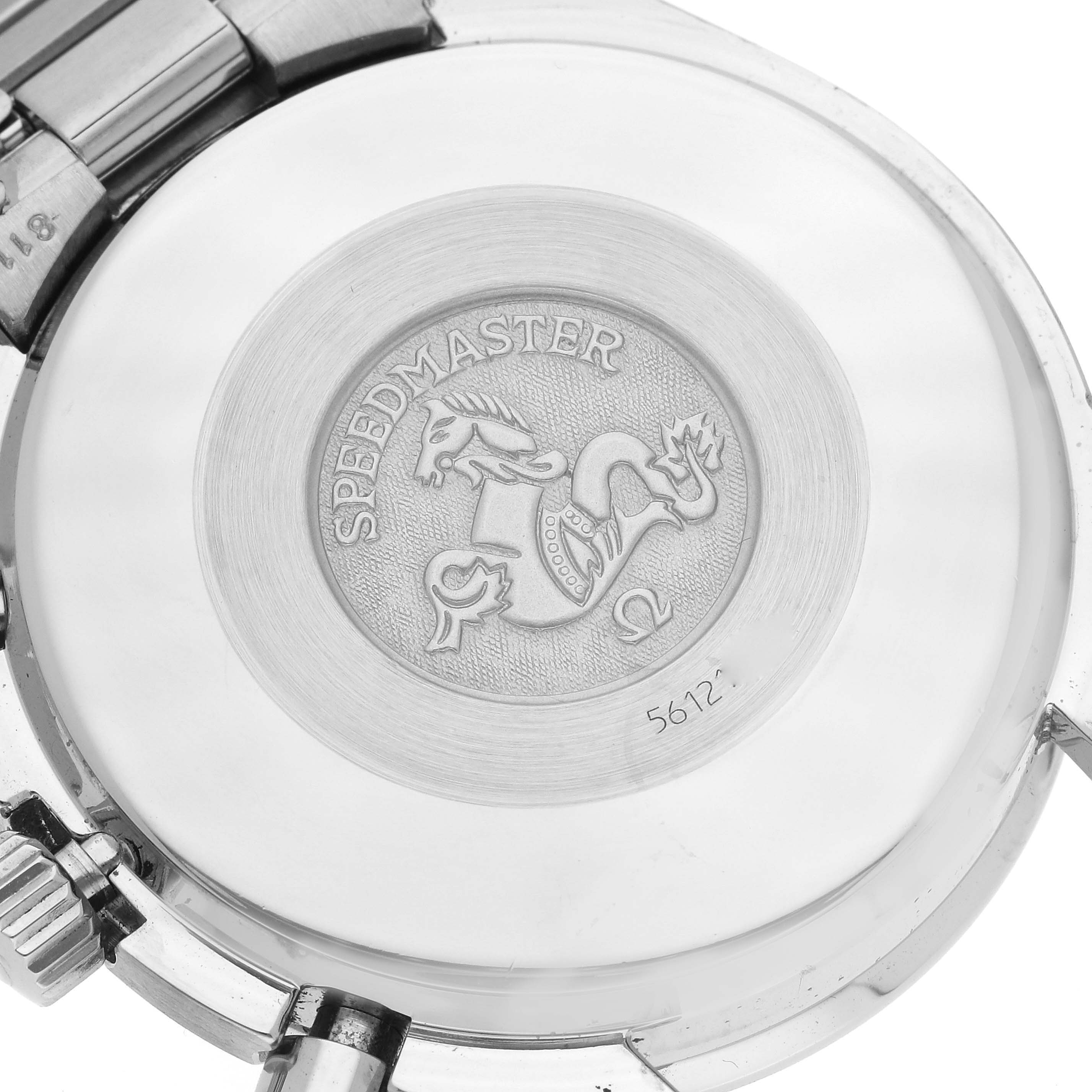 The image shows the case back of an Omega Speedmaster 3510.50.00 Men
s Stainless Steel Black Dial 3510.50.00 Men
s Stainless Steel Black Dial watch with the engraved logo and model name.