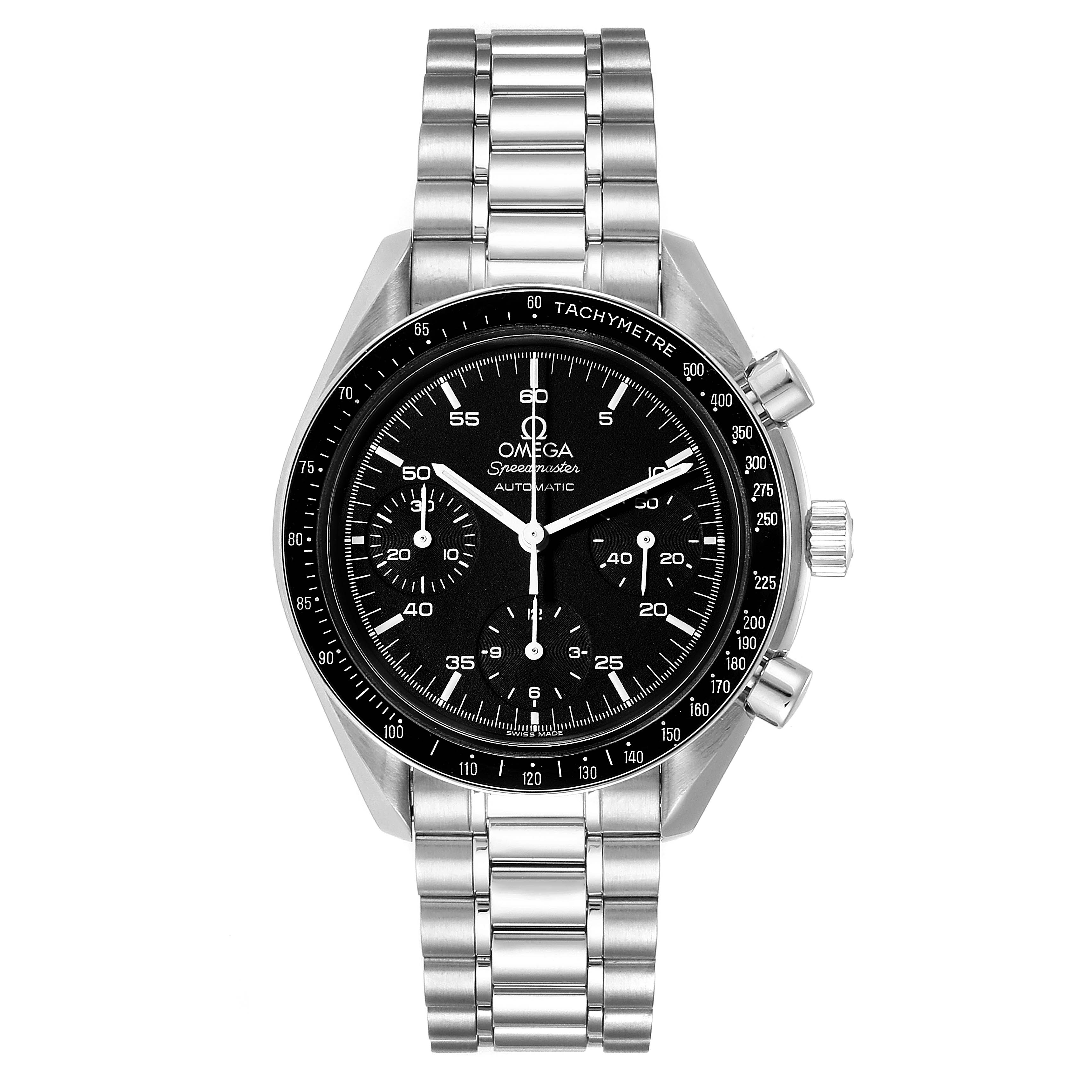 This image shows a front view of an Omega Speedmaster  Men's Stainless Steel Black Dial  Men's Stainless Steel Black Dial watch, featuring its black dial, tachymeter bezel, and stainless steel bracelet.