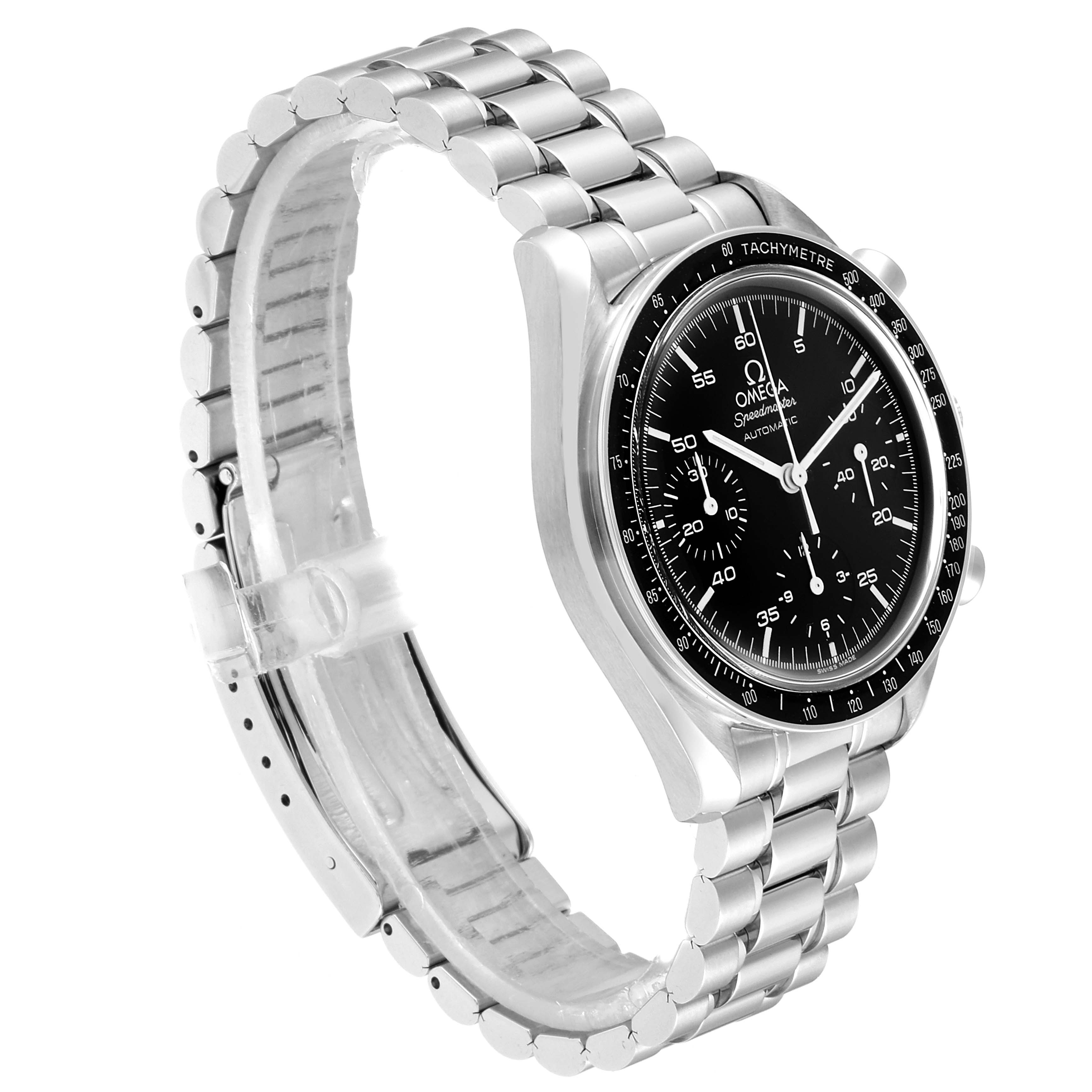 The image shows an Omega Speedmaster  Men's Stainless Steel Black Dial  Men's Stainless Steel Black Dial watch at a slight side angle, highlighting the dial, bezel, and bracelet.