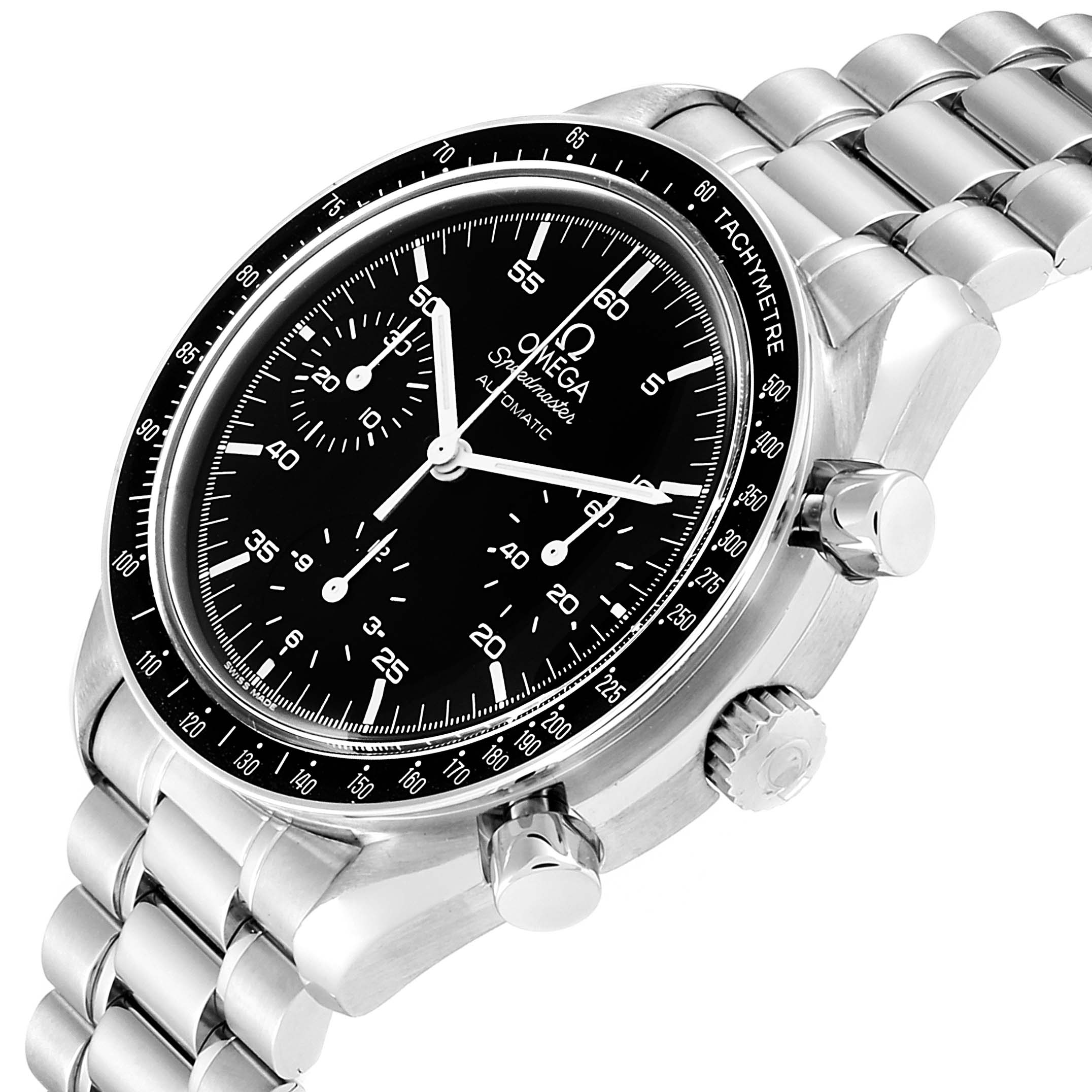 The image shows an angled view of the Omega Speedmaster  Men's Stainless Steel Black Dial  Men's Stainless Steel Black Dial watch, displaying its black dial, tachymeter bezel, and stainless steel bracelet.