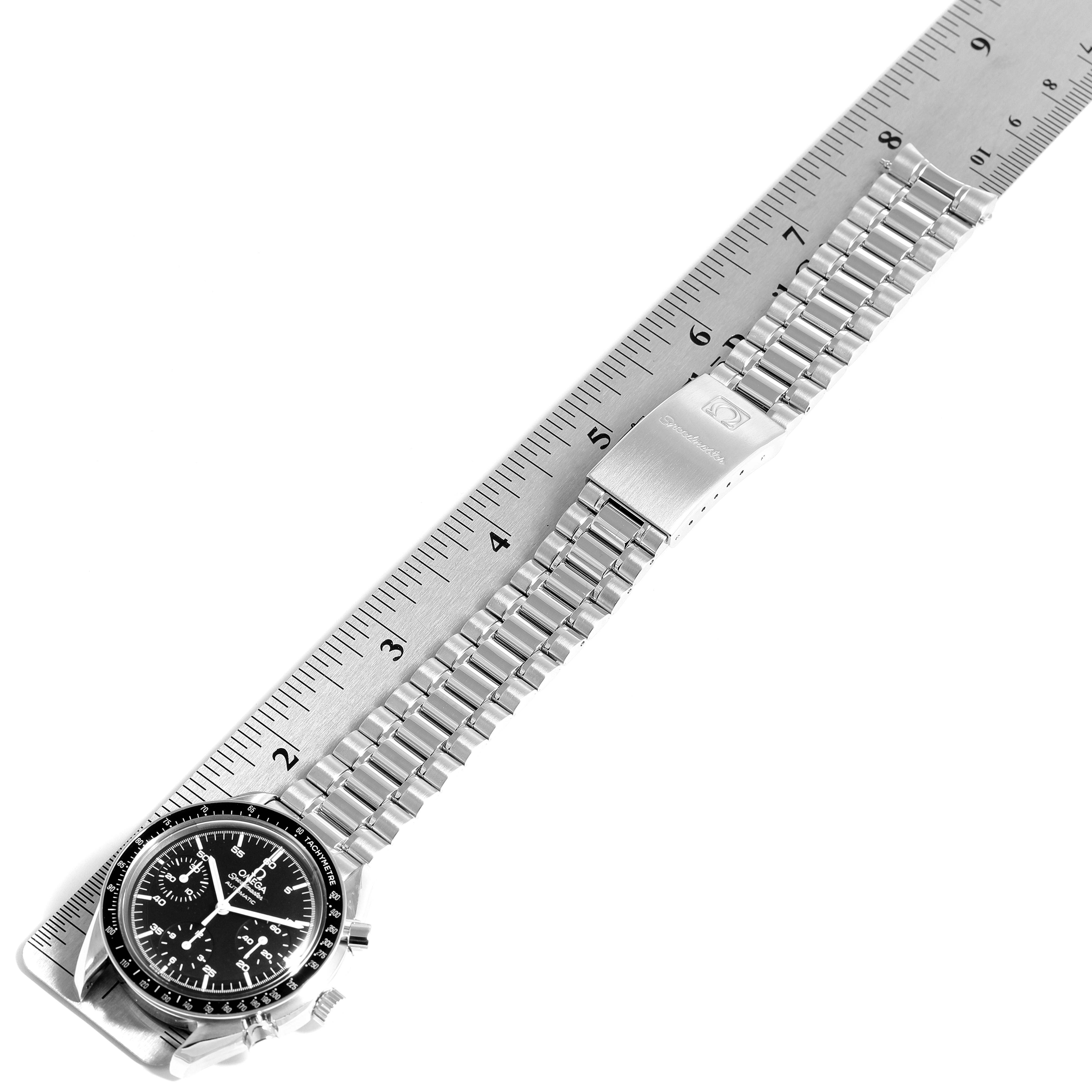 The Omega Speedmaster  Men's Stainless Steel Black Dial  Men's Stainless Steel Black Dial watch is shown at an angle, displaying its face, case, and metal bracelet with a clasp.
