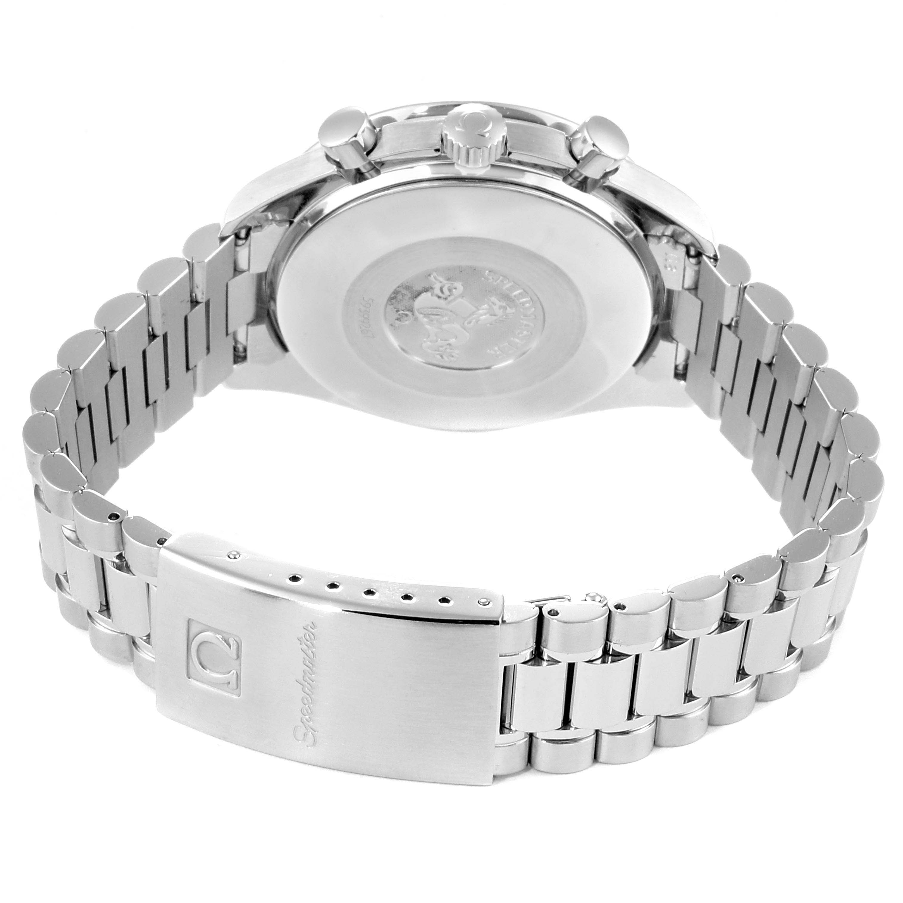 The image shows the back view of the Omega Speedmaster  Men's Stainless Steel Black Dial  Men's Stainless Steel Black Dial watch, highlighting its case back, crown, pushers, and metal bracelet with a clasp.