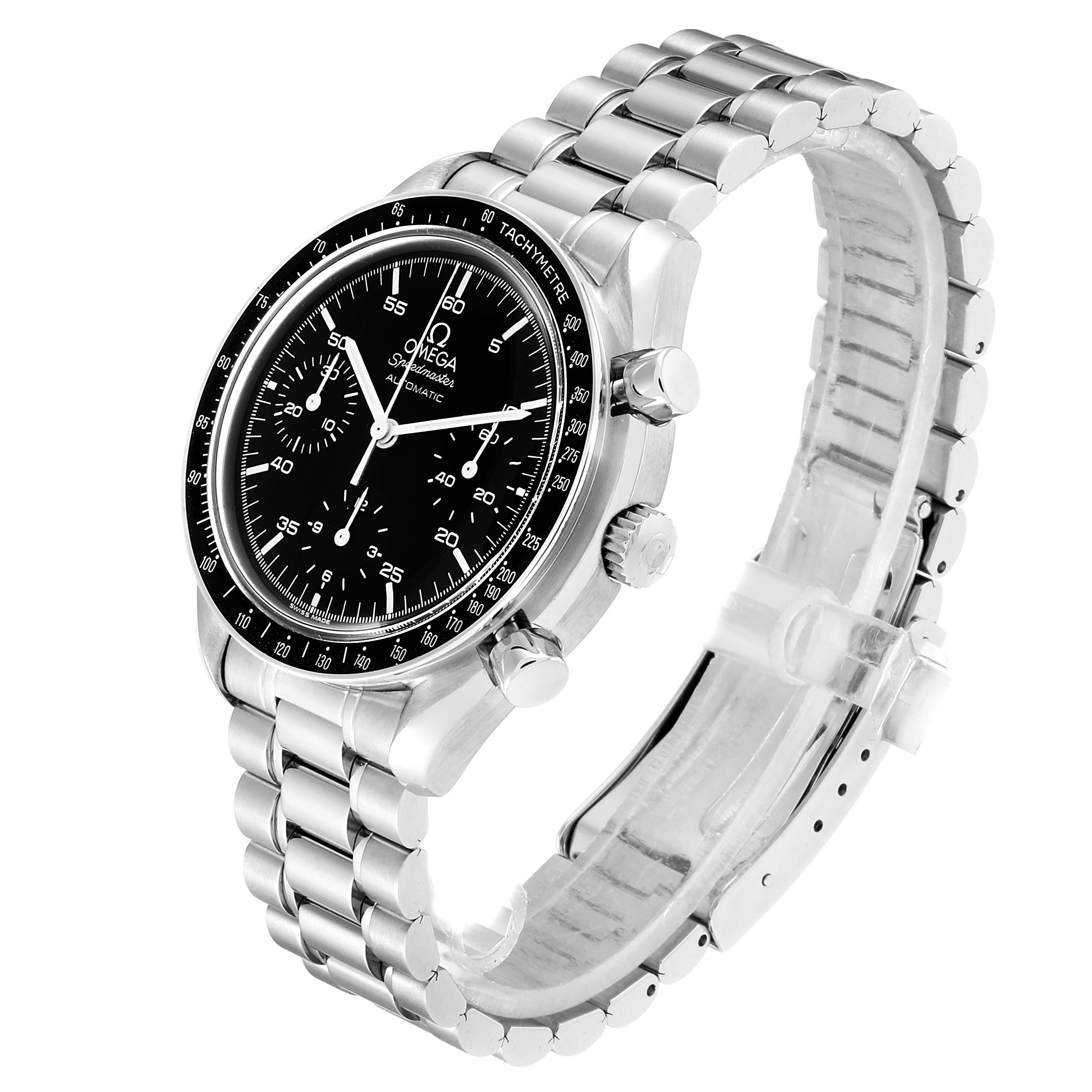 This image shows an Omega Speedmaster  Men's Stainless Steel Black Dial  Men's Stainless Steel Black Dial watch at a three-quarter angle, highlighting the face, bezel, crown, pushers, and bracelet.