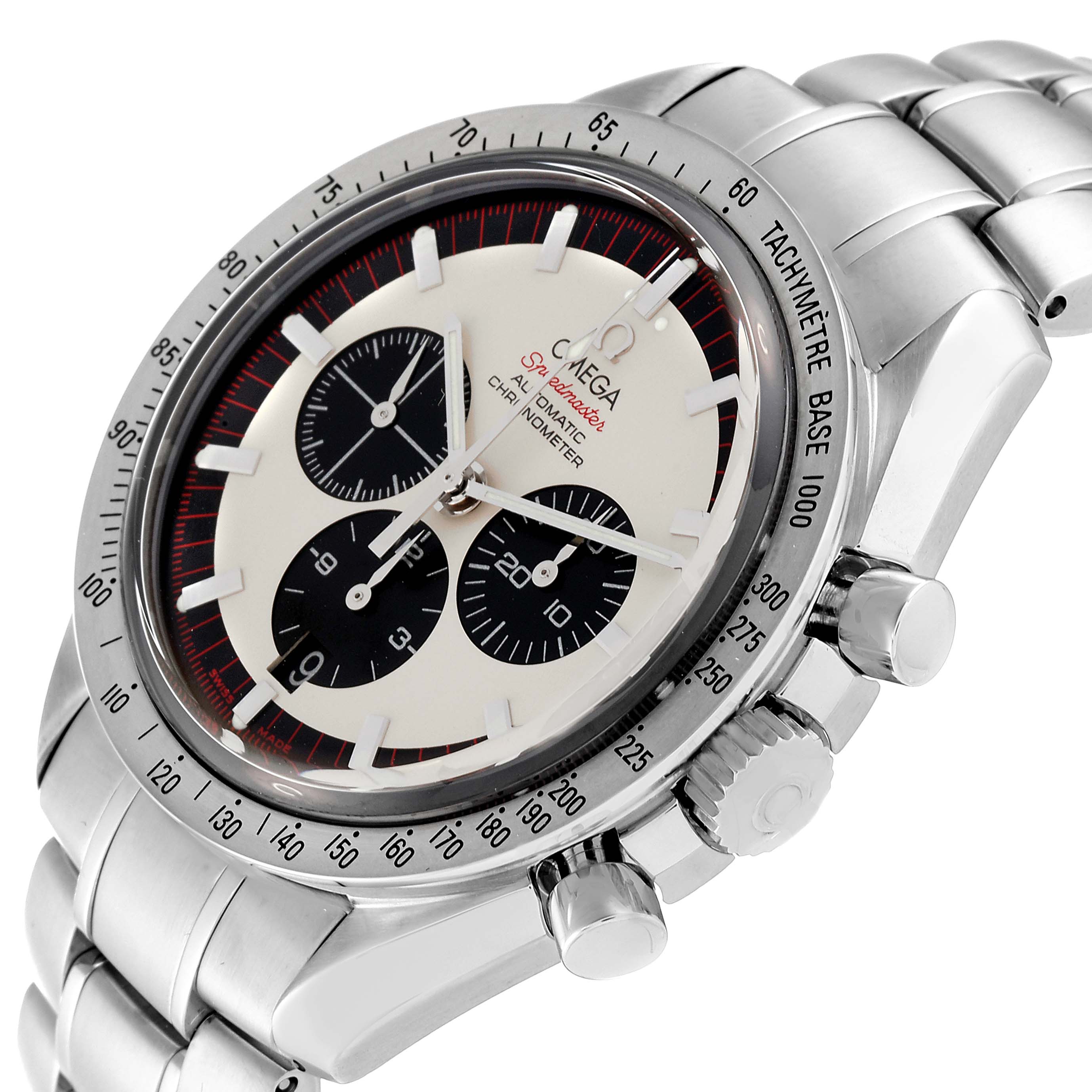 The Omega Speedmaster 3559.32.00 Men
s Stainless Steel Silver Dial 3559.32.00 Men
s Stainless Steel Silver Dial watch is shown at an angled view, highlighting its face, bezel, chronograph dials, crown, and metal bracelet.