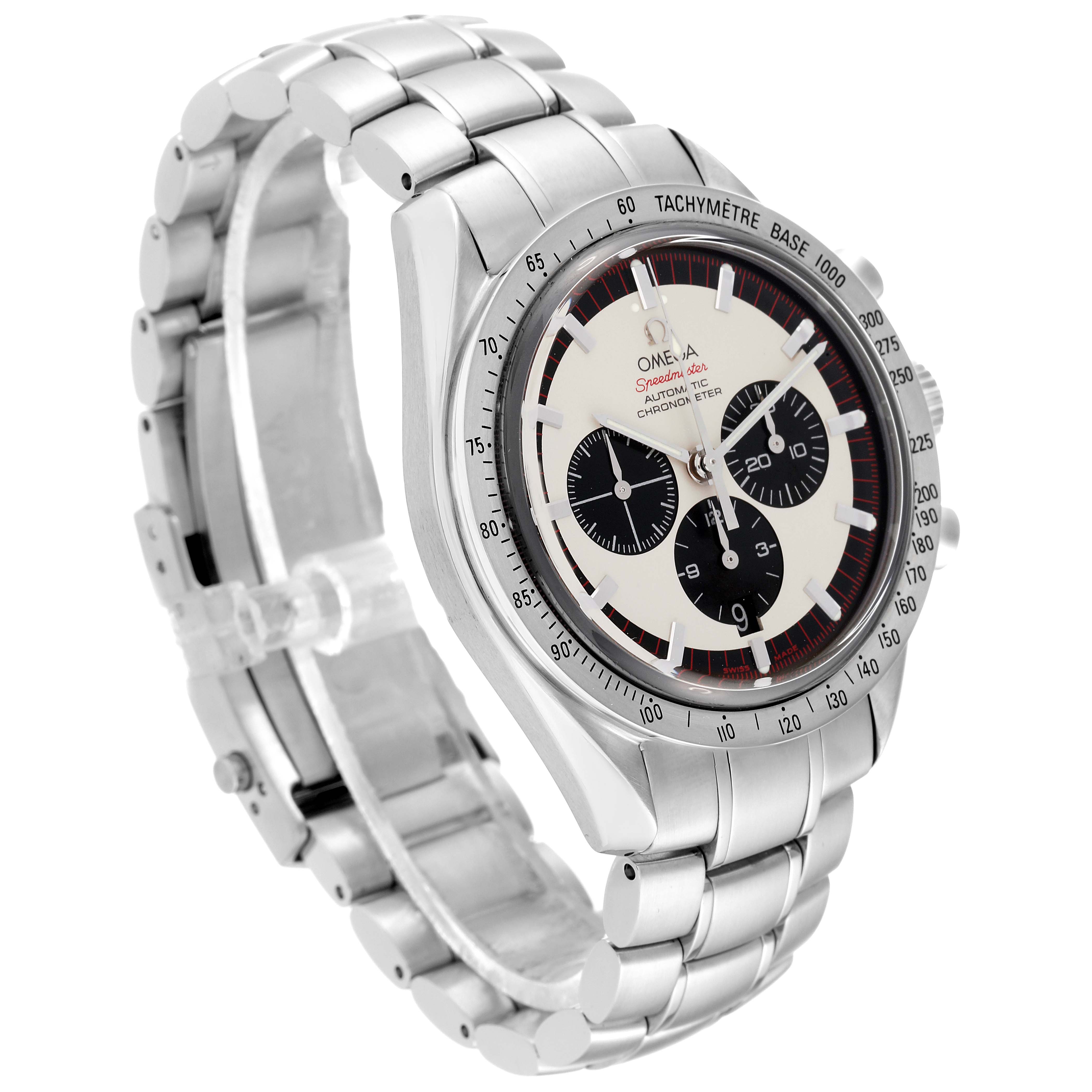The image shows an Omega Speedmaster 3559.32.00 Men
s Stainless Steel Silver Dial 3559.32.00 Men
s Stainless Steel Silver Dial watch at a three-quarter angle, highlighting the bracelet and chronograph face.