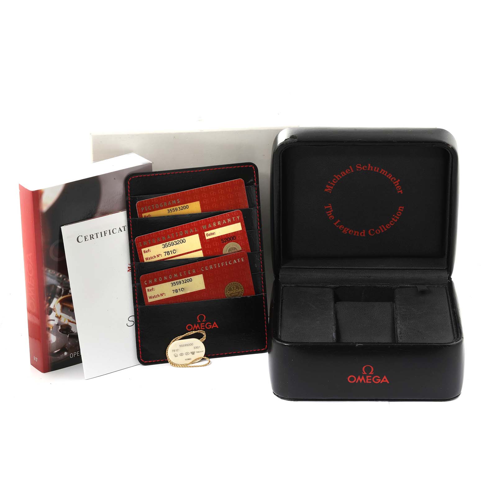 This image shows the box, warranty cards, certificates, and manuals for the Omega Speedmaster 3559.32.00 Men
s Stainless Steel Silver Dial 3559.32.00 Men
s Stainless Steel Silver Dial Michael Schumacher The Legend Collection watch.