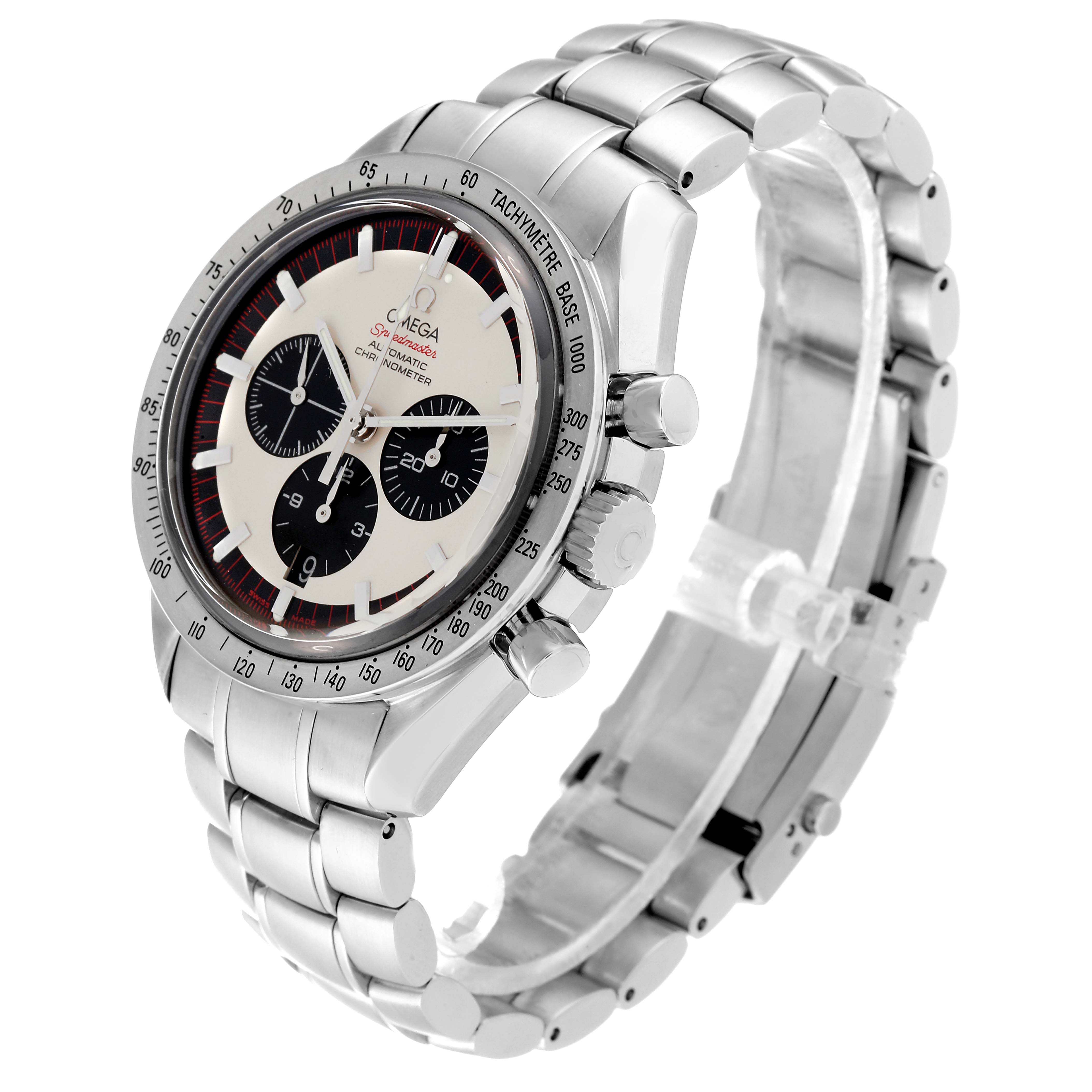 The Omega Speedmaster 3559.32.00 Men
s Stainless Steel Silver Dial 3559.32.00 Men
s Stainless Steel Silver Dial watch is shown at an angled view, highlighting the face, bezel, and stainless steel bracelet.