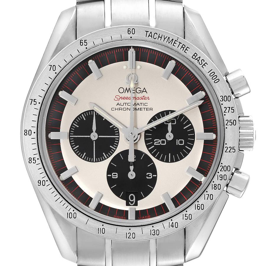 This image shows the dial and bezel of an Omega Speedmaster watch, viewed from the front.