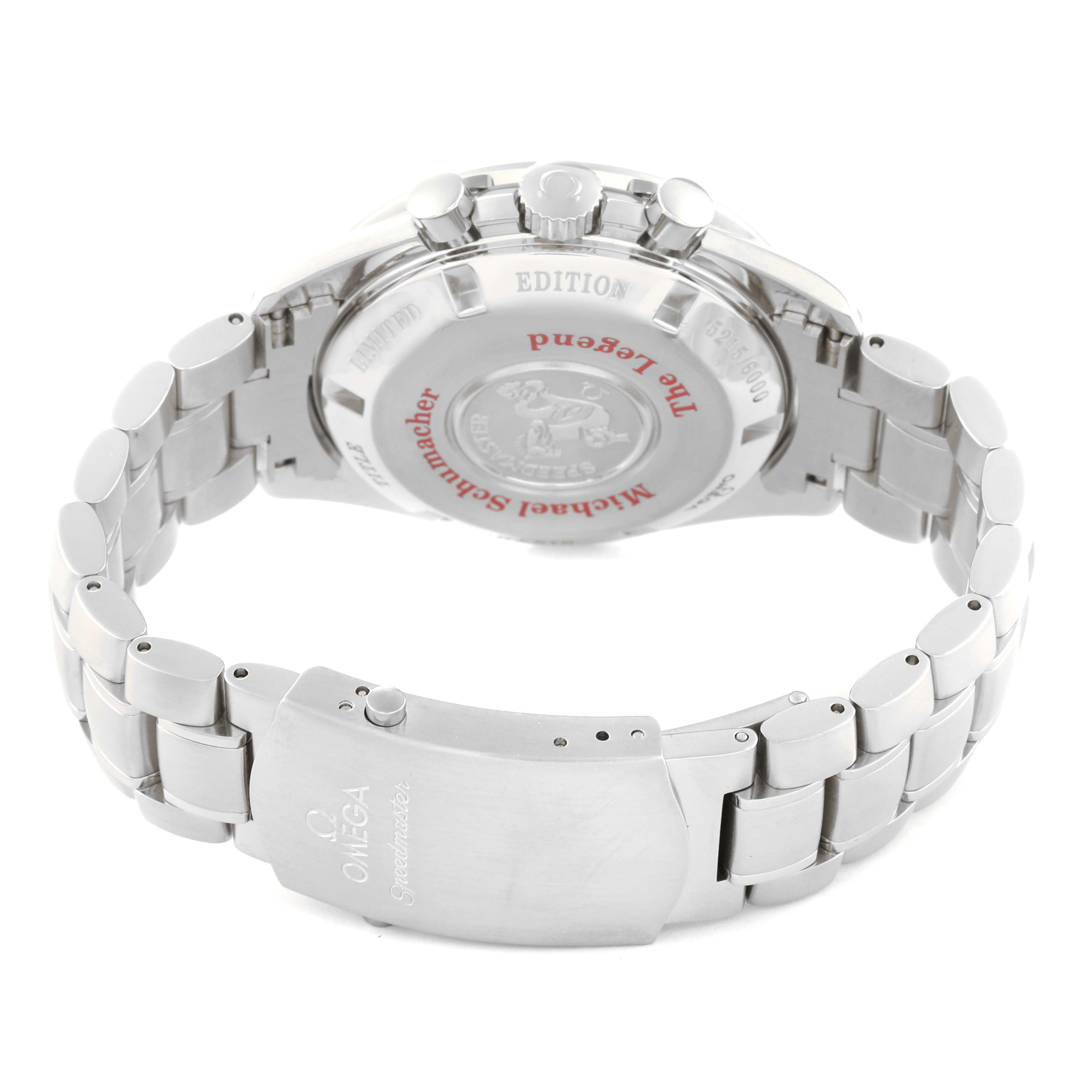 The image shows the back view of an Omega Speedmaster 3559.32.00 Men
s Stainless Steel Silver Dial 3559.32.00 Men
s Stainless Steel Silver Dial watch, highlighting the case back, crown, pushers, and metal bracelet.