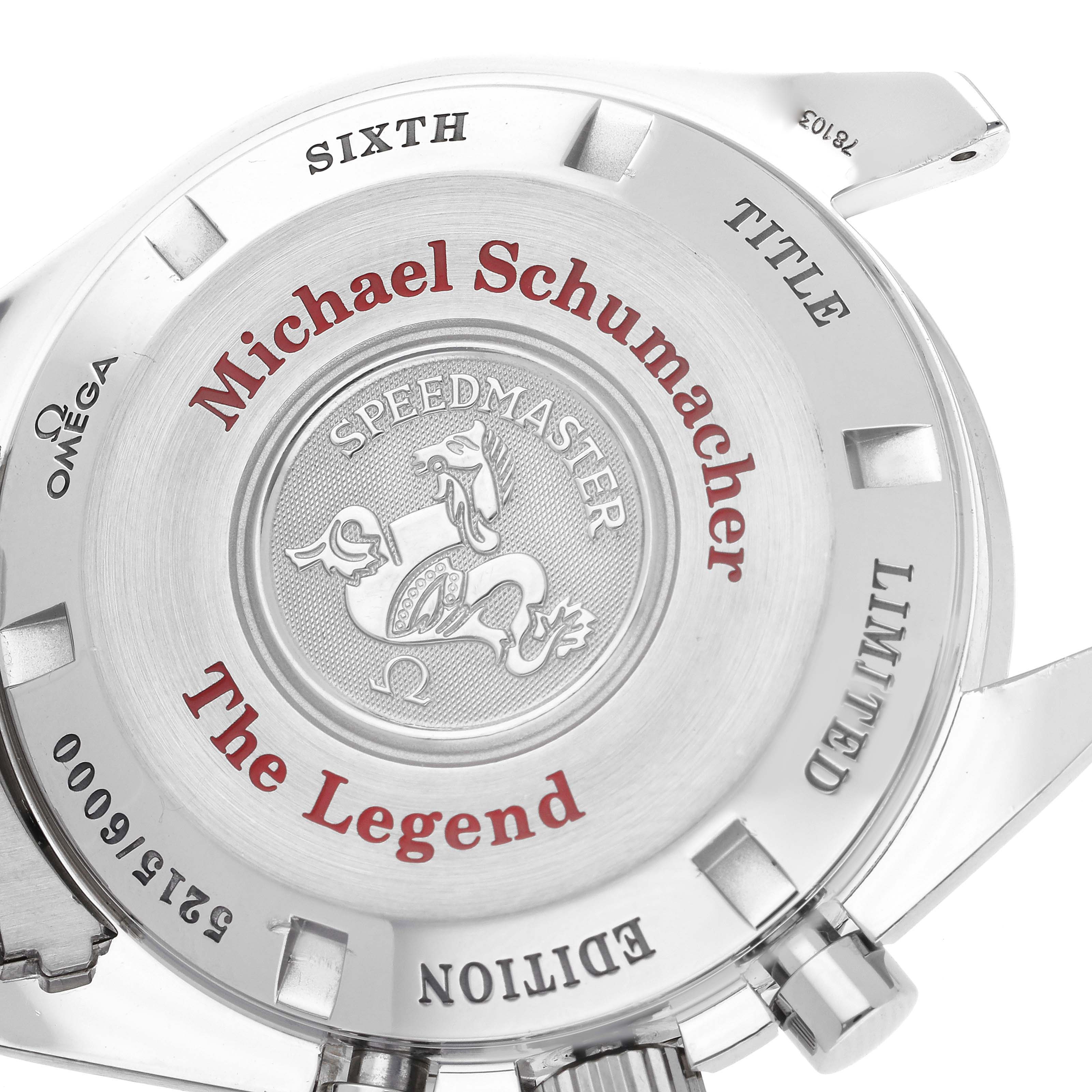 This image shows the back case of the Omega Speedmaster 3559.32.00 Men
s Stainless Steel Silver Dial 3559.32.00 Men
s Stainless Steel Silver Dial watch, featuring an engraving commemorating Michael Schumacher.