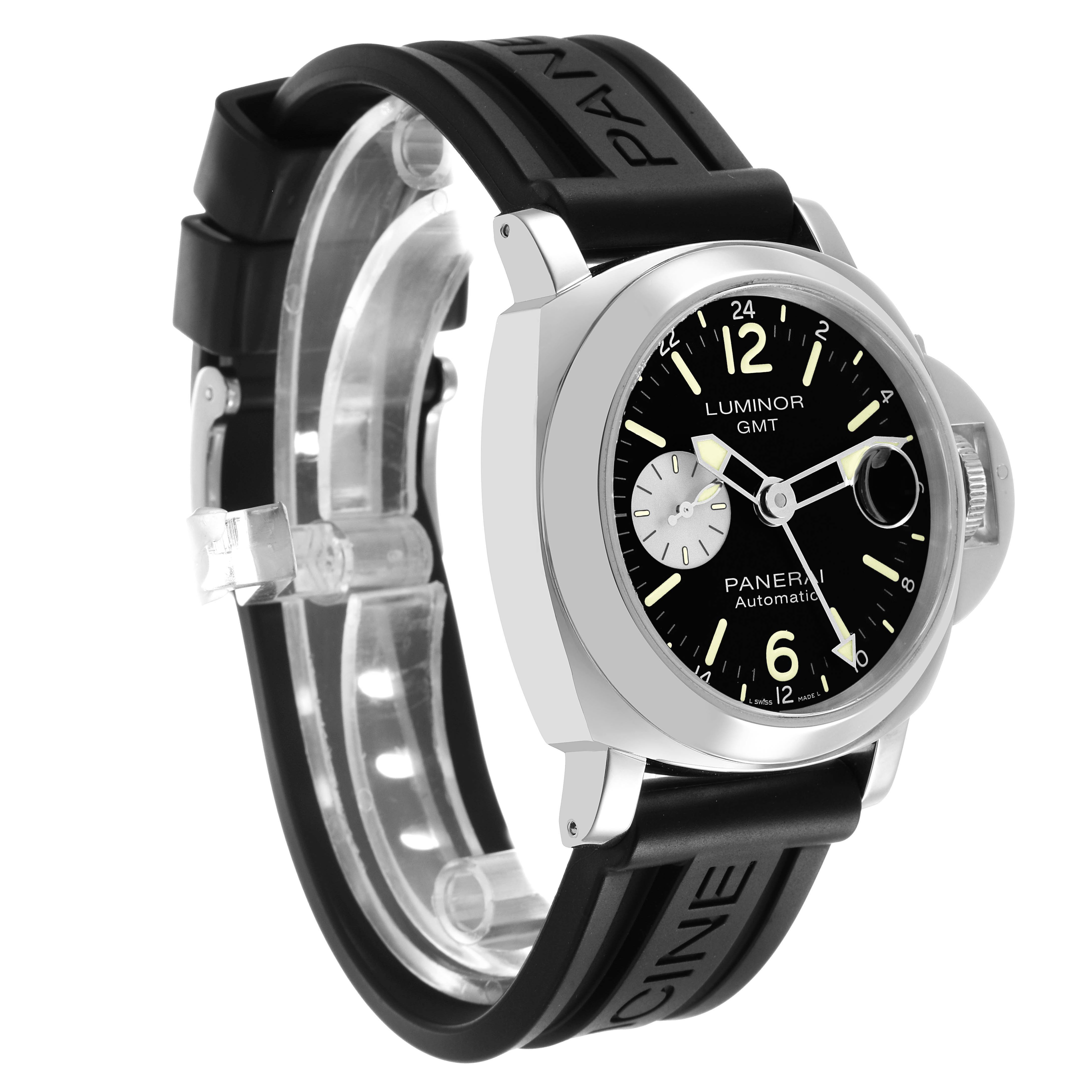 The Panerai Luminor PAM00088 Men's Stainless Steel Black Dial model is shown at a three-quarter angle, highlighting the dial, case, crown guard, and black rubber strap.