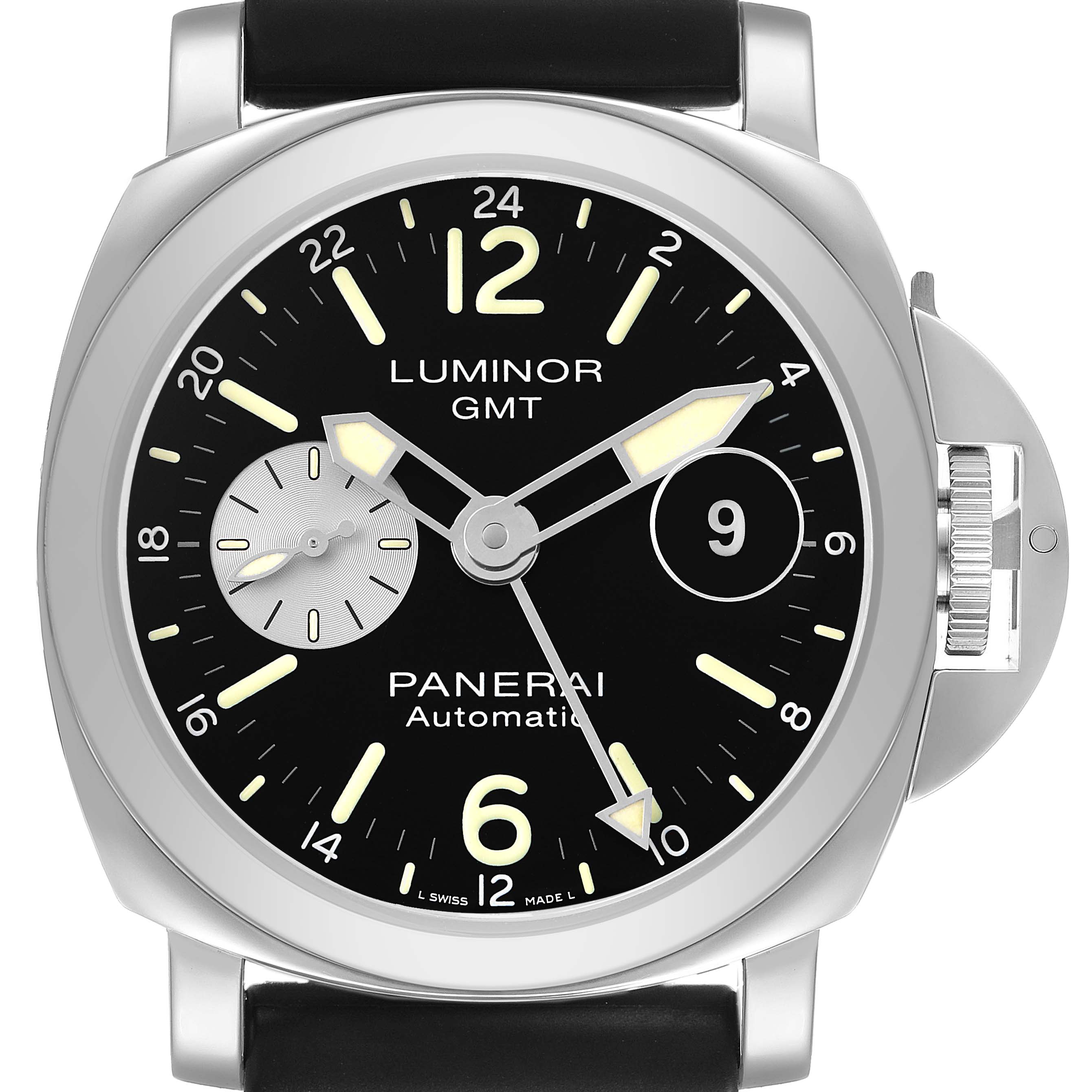 The Panerai Luminor PAM00088 Men's Stainless Steel Black Dial watch is shown from the front, displaying its face, crown guard, and strap attachments.