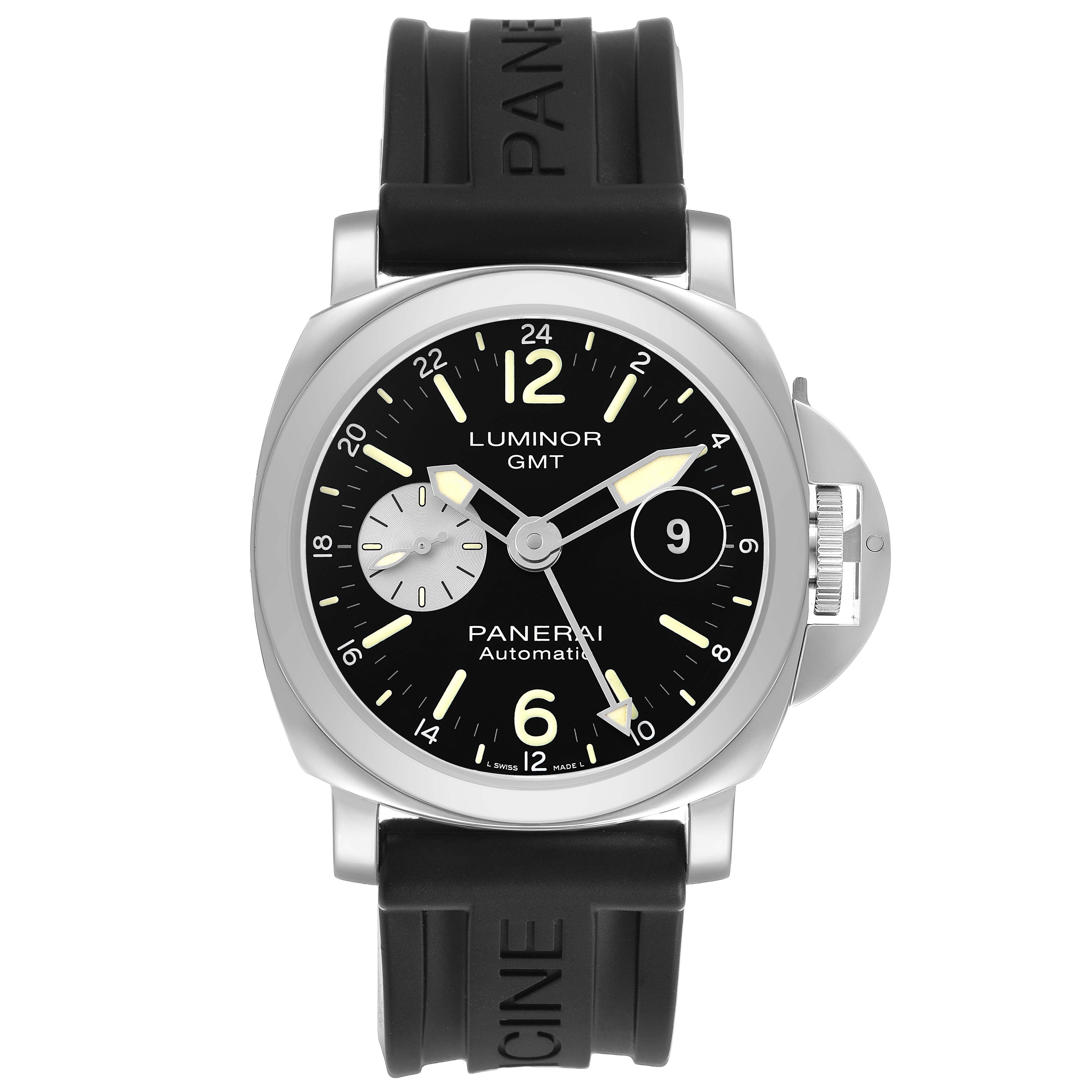 The Panerai Luminor PAM00088 Men's Stainless Steel Black Dial watch is shown from a front angle, featuring the dial, hands, date window, and rubber strap.