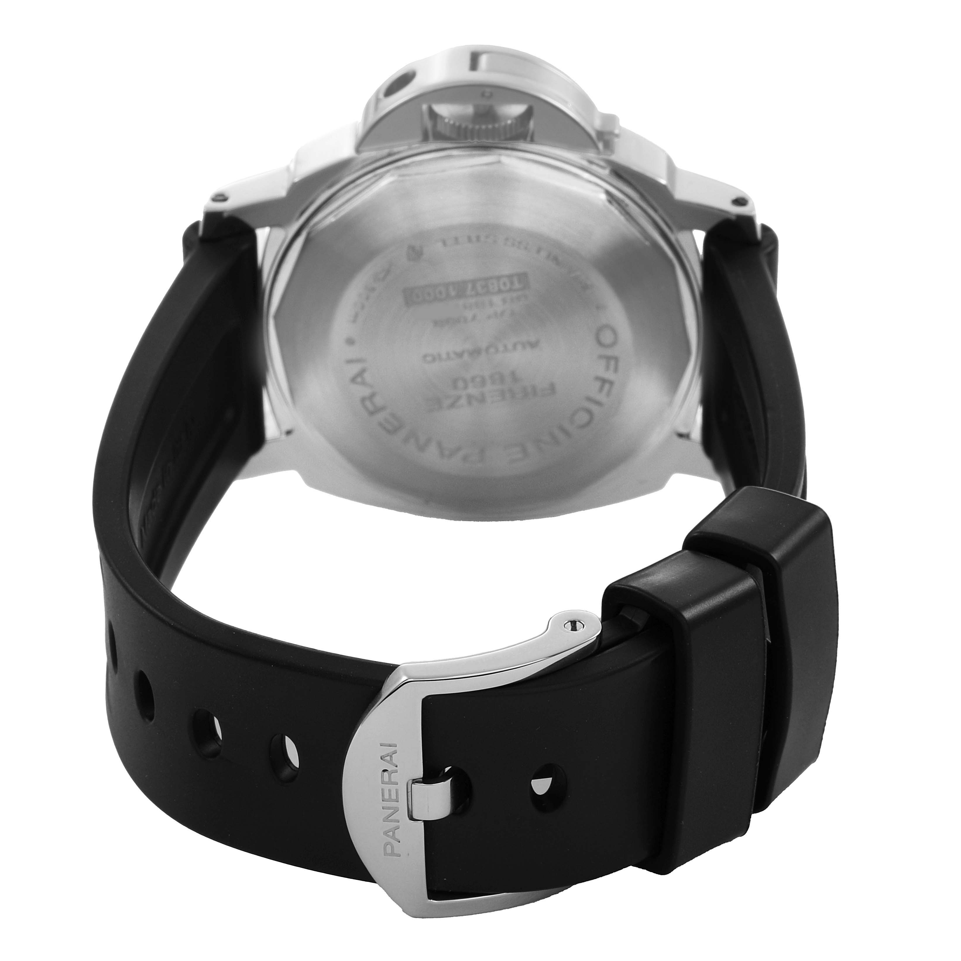 The image shows the back view of a Panerai Luminor PAM00088 Men's Stainless Steel Black Dial watch, highlighting its case back and rubber strap with buckle.