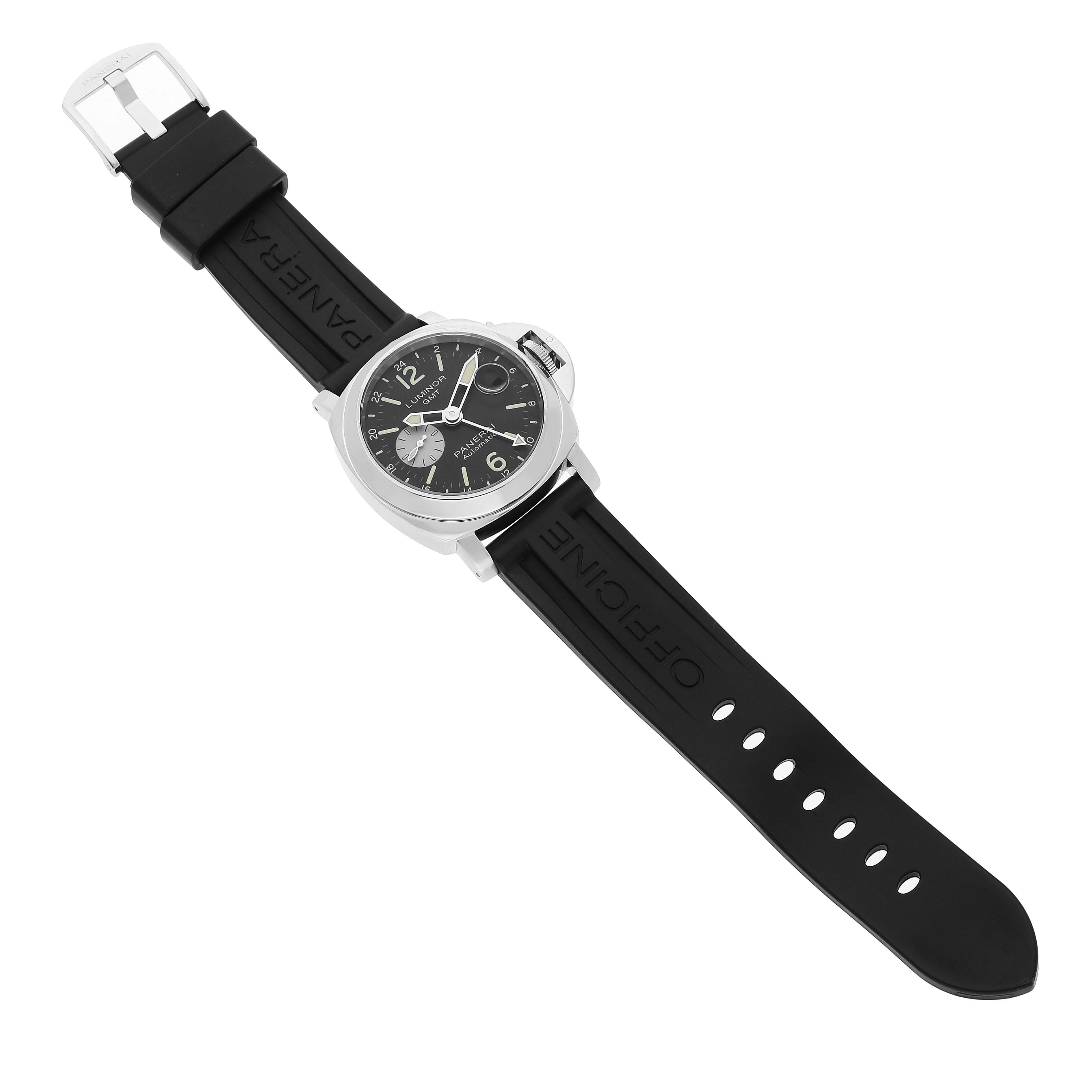 The Luminor by Panerai is shown from a top view, highlighting the face, case, and entire strap.
