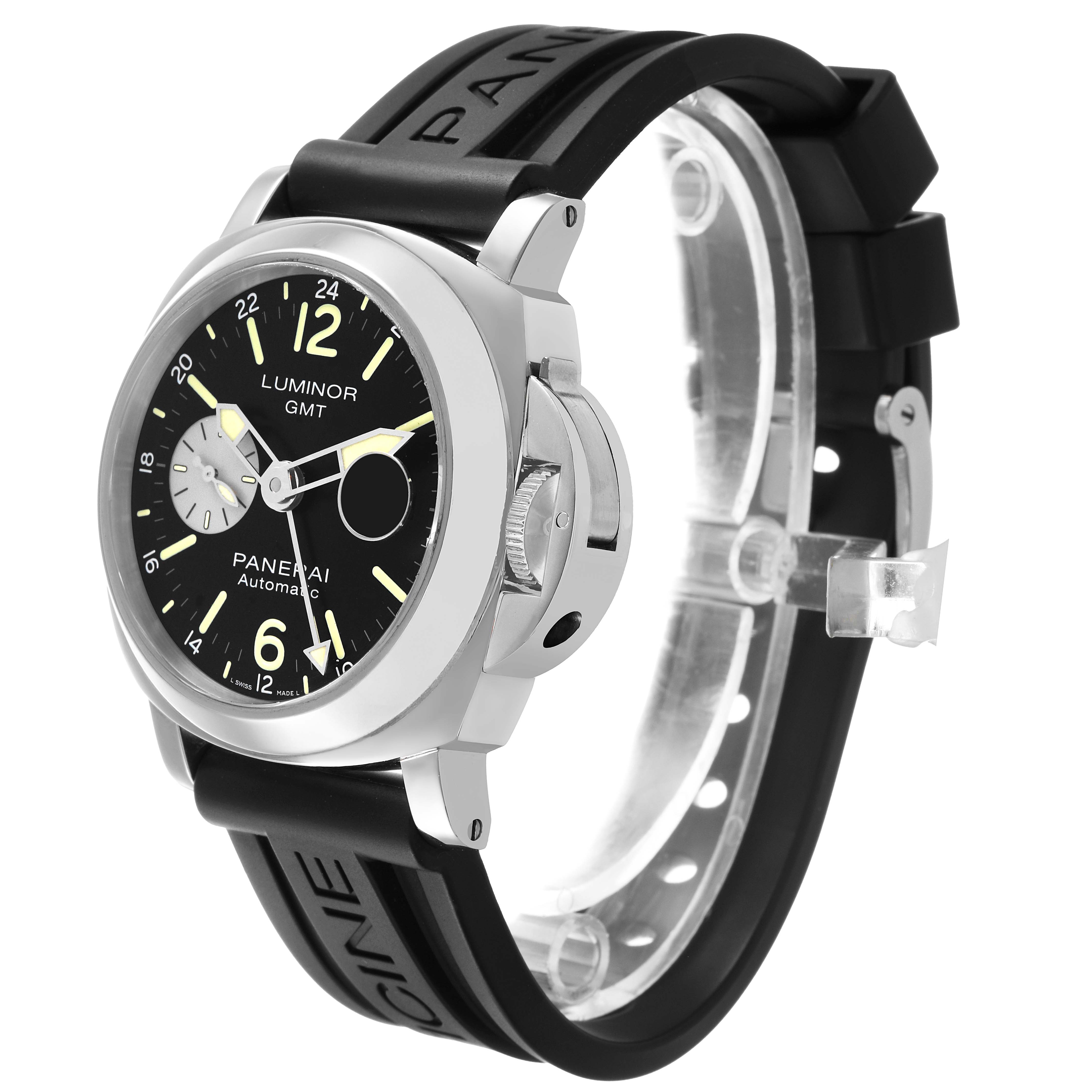 The Panerai Luminor PAM00088 Men's Stainless Steel Black Dial watch is shown at a three-quarter angle, highlighting the face, crown guard, and black strap.