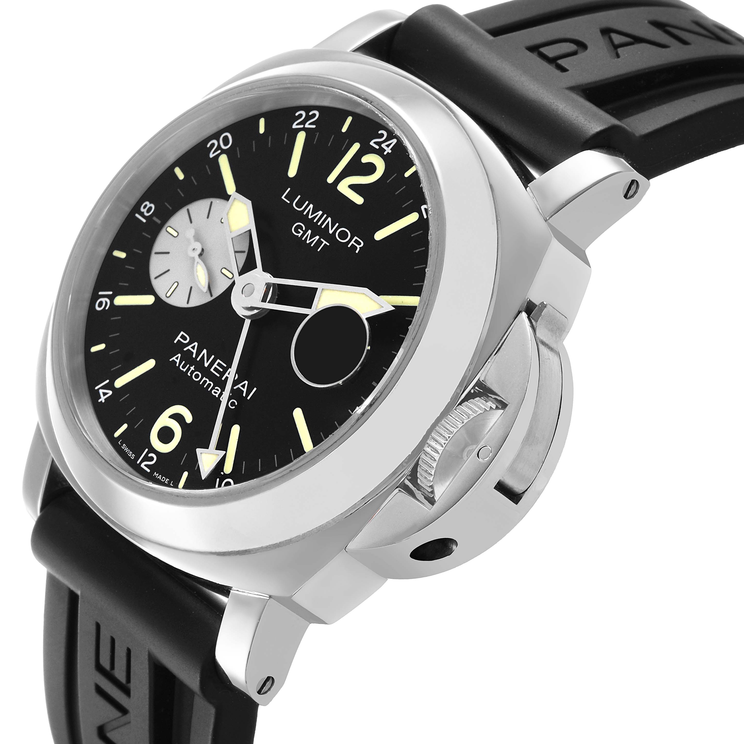 The Panerai Luminor PAM00088 Men's Stainless Steel Black Dial watch is shown at an angled side view, highlighting the dial, crown guard, and part of the strap.