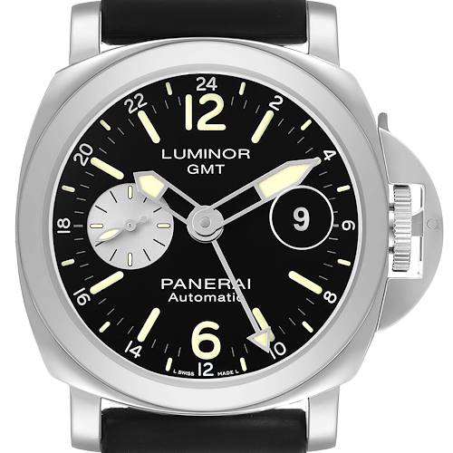 The image shows a front view of the Panerai Luminor PAM00088 Mens Stainless Steel Black Dial watch, highlighting the dial, hands, and crown guard.