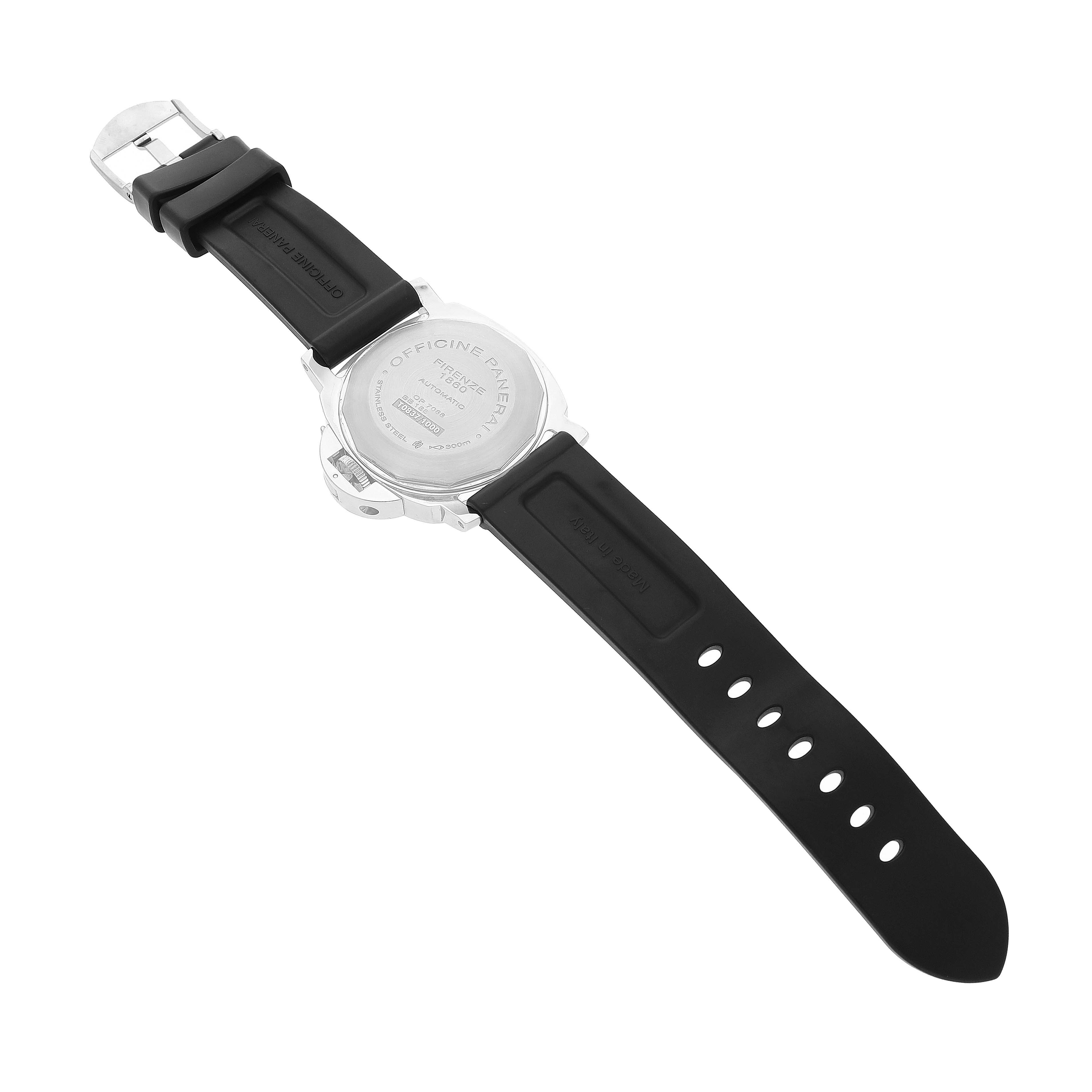 The image shows the back view of a Panerai Luminor PAM00088 Men's Stainless Steel Black Dial watch, highlighting the case back and black rubber strap.