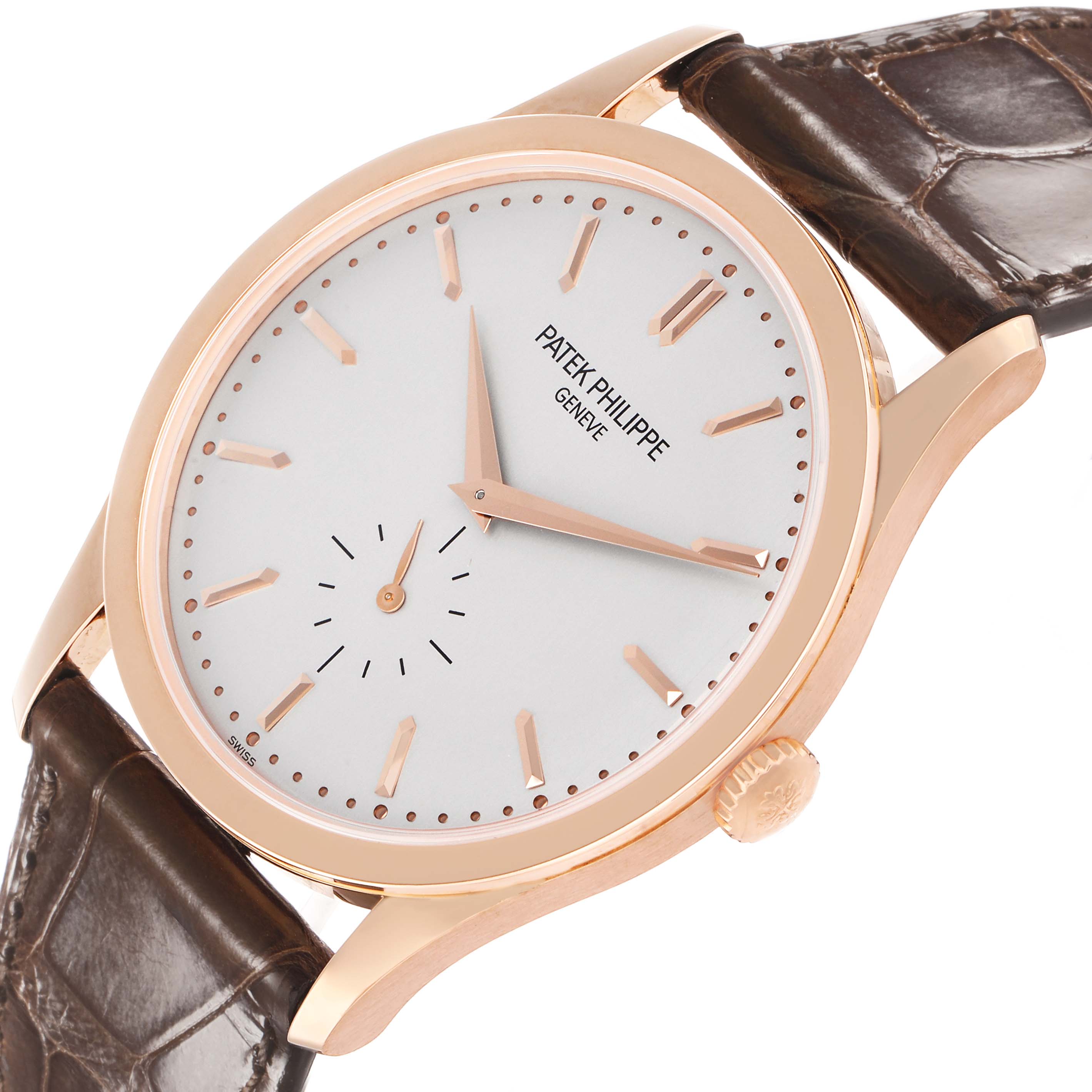 The Patek Philippe Calatrava 5196R-001 Men's Rose Gold Silver Dial watch is shown at a tilted angle, highlighting the dial, crown, and leather strap.