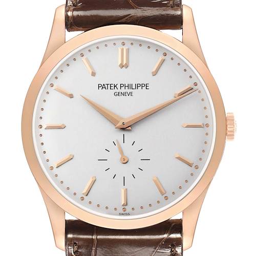 The Patek Philippe Calatrava 5196R-001 Men's Rose Gold Silver Dial watch is shown from the front, displaying the face, hands, indices, and part of the leather strap.