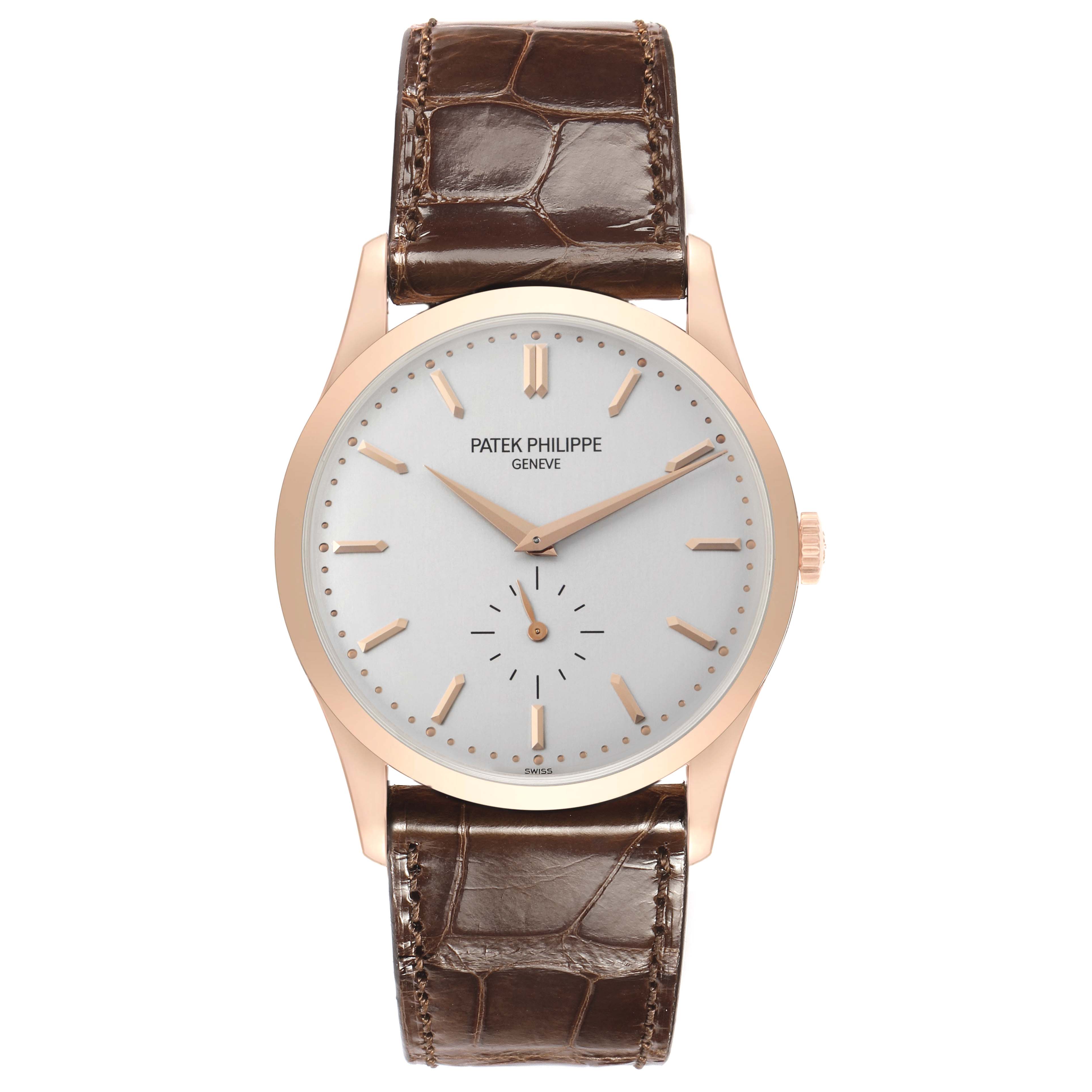 The Patek Philippe Calatrava 5196R-001 Men's Rose Gold Silver Dial watch is shown from a front angle, highlighting its dial, hands, and leather strap.