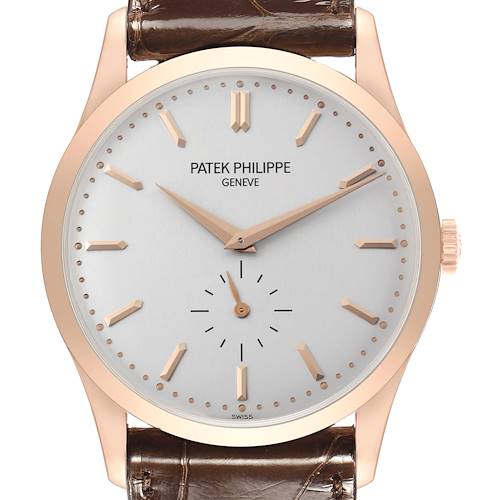 The Patek Philippe Calatrava 5196R-001 Men's Rose Gold Silver Dial watch is shown from a front angle, displaying the dial, gold hands, indices, and leather strap.
