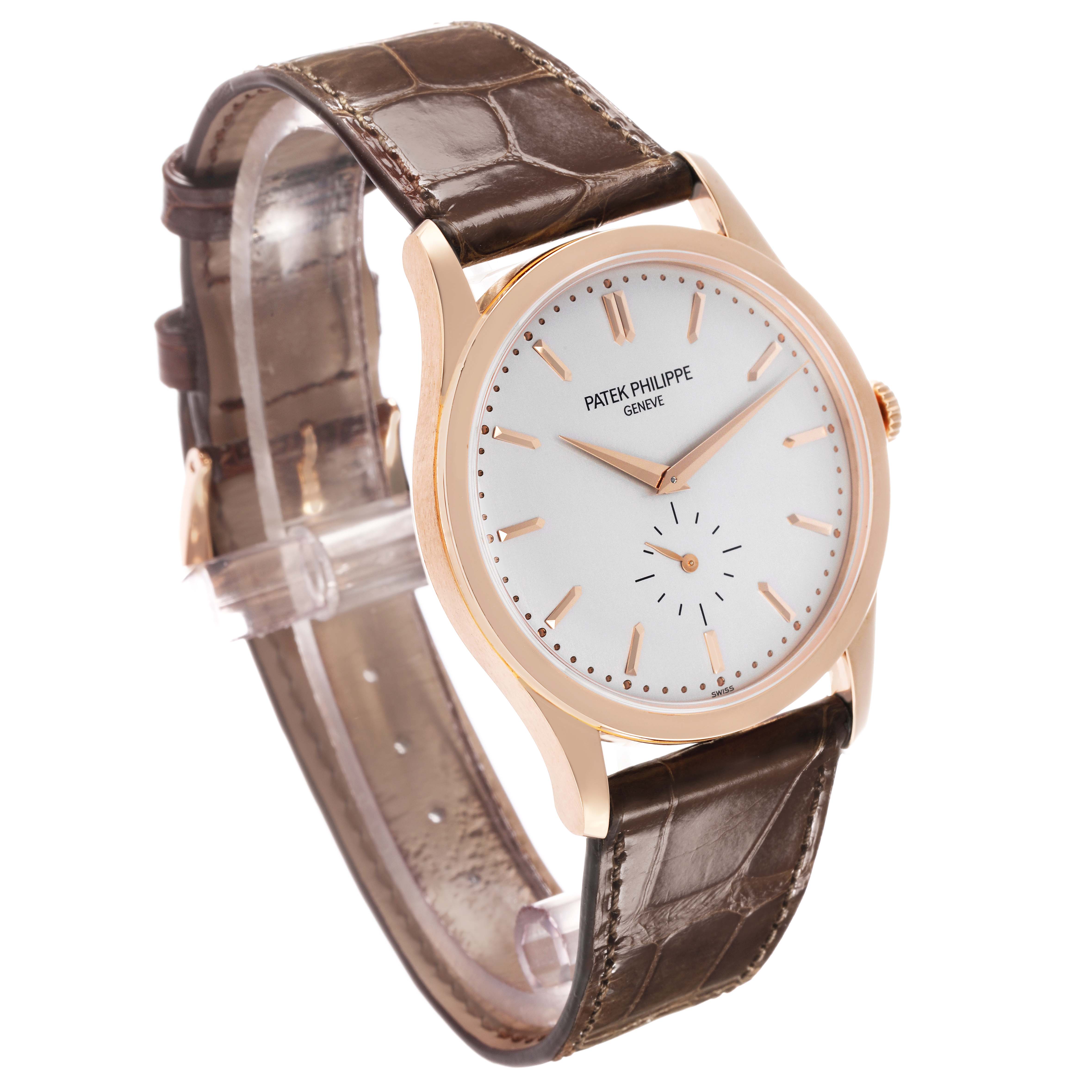 The Patek Philippe Calatrava 5196R-001 Men's Rose Gold Silver Dial watch is shown at a slight angle, featuring the dial, hands, case, and leather strap.