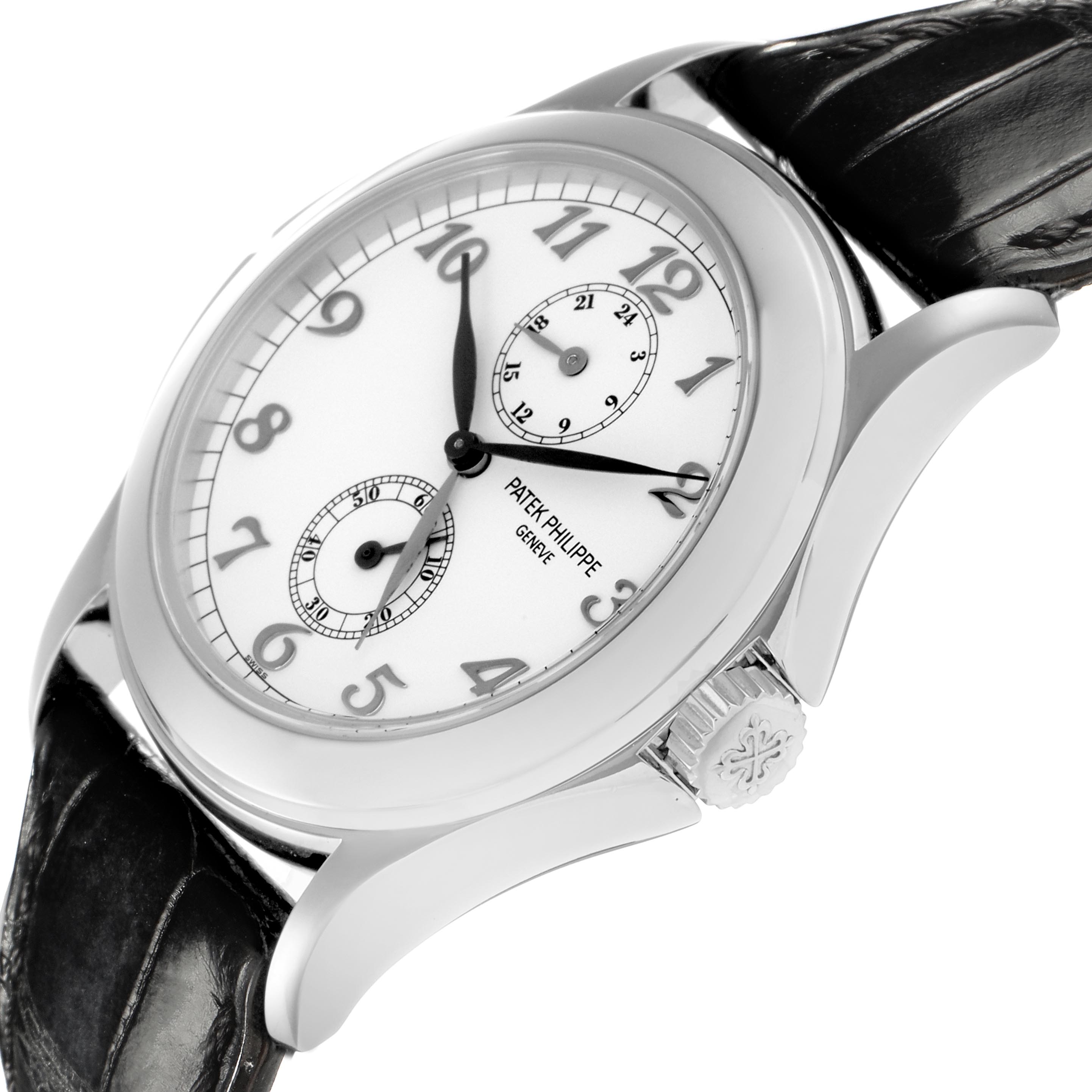 The Patek Philippe Calatrava 5134G Men
s White Gold White Dial 5134G Men
s White Gold White Dial watch is shown from a three-quarter angle, featuring the dial, case, crown, and part of the strap.