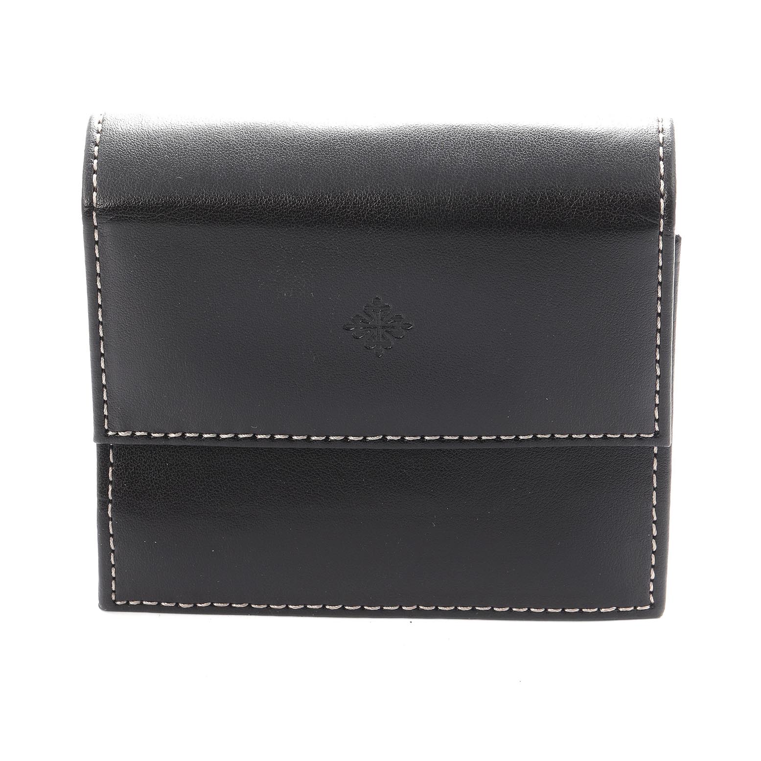 This image shows a Patek Philippe Calatrava 5134G Men
s White Gold White Dial 5134G Men
s White Gold White Dial watch case in black leather with white stitching, viewed from the front.