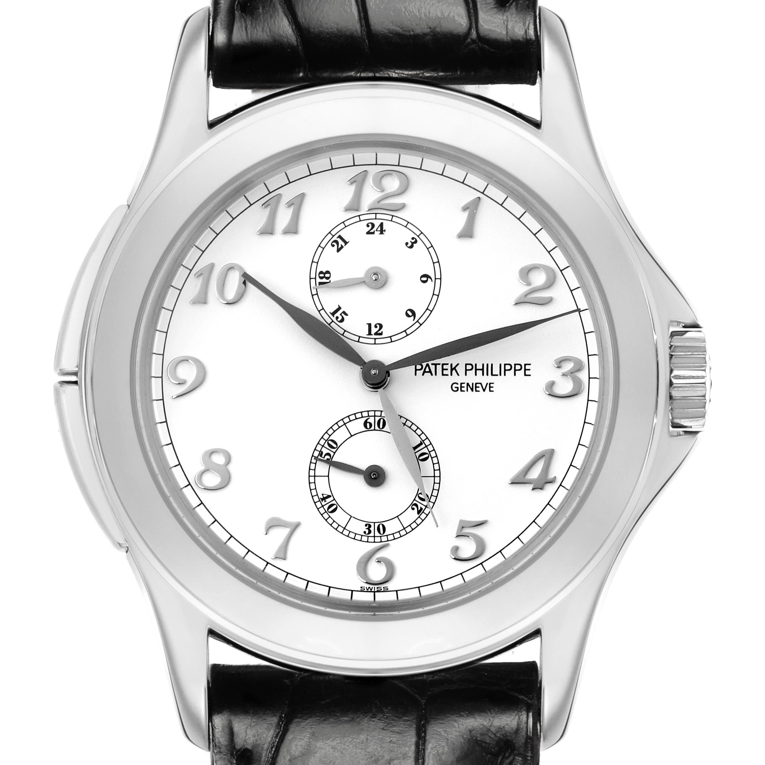 The image shows a front view of a Patek Philippe Calatrava 5134G Men
s White Gold White Dial 5134G Men
s White Gold White Dial watch, highlighting its dial and black leather strap.