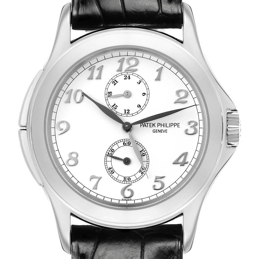 The image shows a front view of a Patek Philippe Calatrava watch, highlighting its dial and black leather strap.