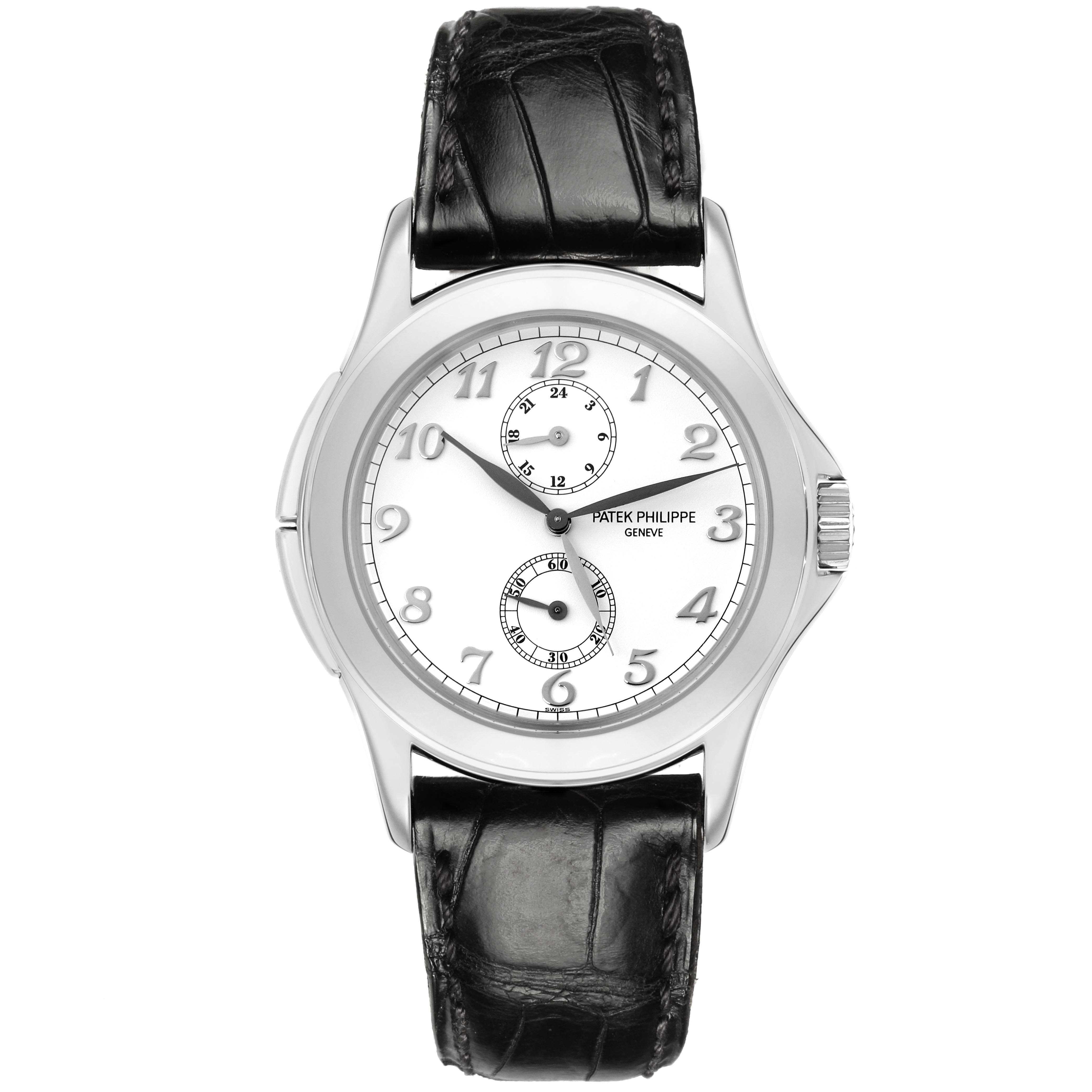 The Patek Philippe Calatrava 5134G Men
s White Gold White Dial 5134G Men
s White Gold White Dial watch is shown from a front view, displaying the dial, hands, and black leather strap.