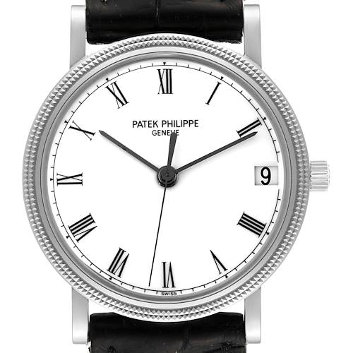 This image shows a frontal view of a Patek Philippe Calatrava watch displaying the dial, hands, bezel, and a portion of the strap.