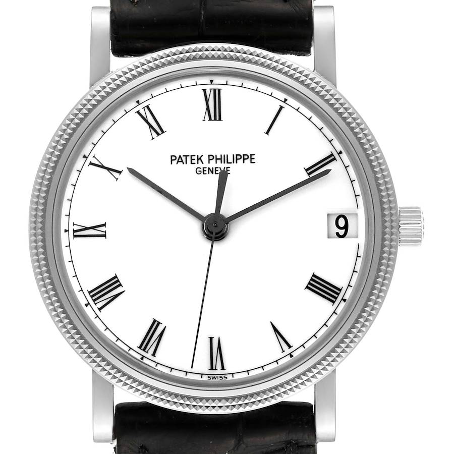 The image shows a frontal view of a Patek Philippe Calatrava watch, displaying its dial, Roman numeral markers, and date window.